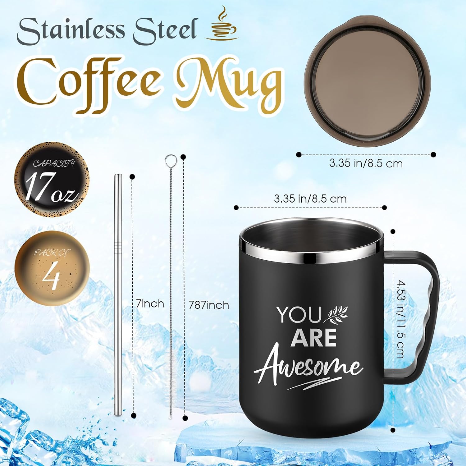 Sumind Employee Appreciation Gifts 17 oz Thank You Stainless Steel Coffee Mugs Gifts with Handle Lid Straw Social Worker Appreciation Gift for Coworker Staff(Black,4 Pcs)