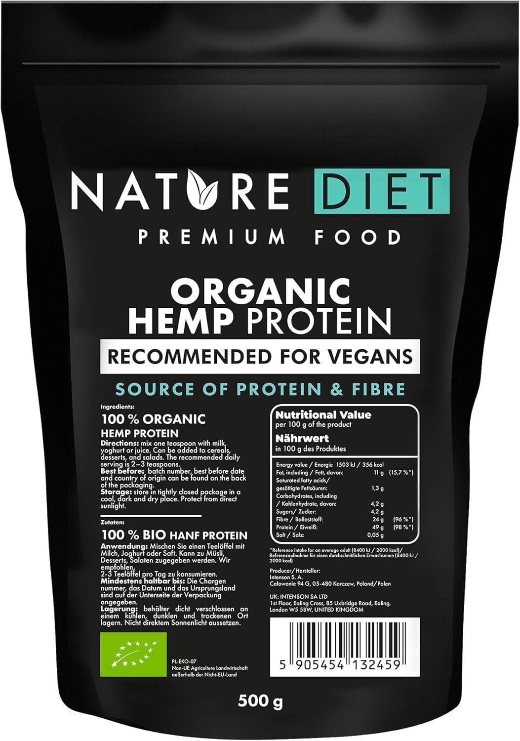 Nature Diet Bio-Hanfprotein | 500 g | EU-Bio-Zertifiziert | Pflanzliches Proteinpulver | Reich an Ballaststoffen | Vegan, Glutenfrei & Laktosefrei | Ideal für Smoothies, Shakes & Backen