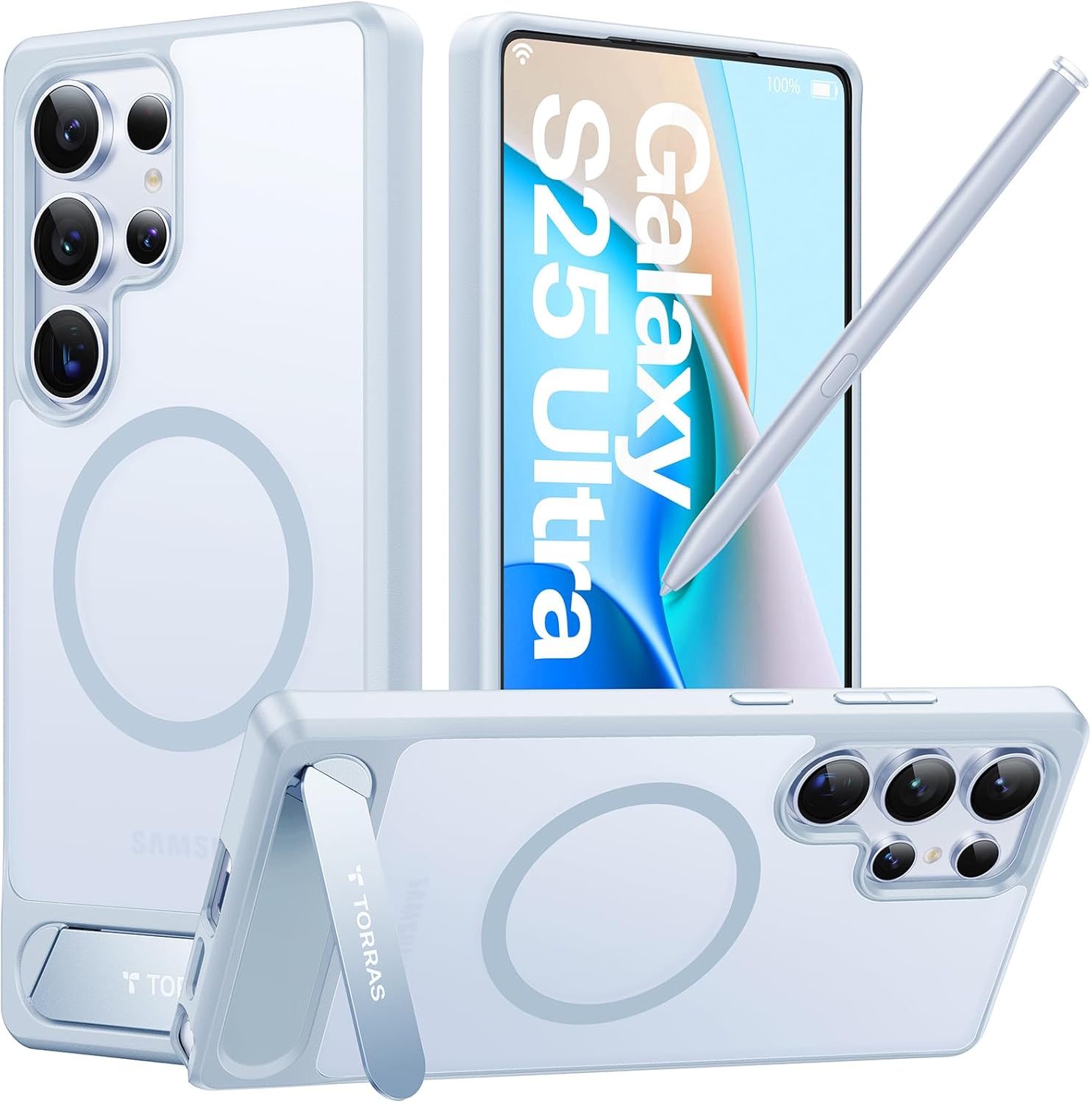 TORRAS Strong Magnetic & Seamless Stand for Samsung Galaxy S25 Ultra Case, Fit for MagSafe, Mil-Grade Drop Protection, Kickstand for Samsung Galaxy S25 Ultra Case, Translucent Back/Silverblue Edge for Galaxy S25 Ultra Silverblue