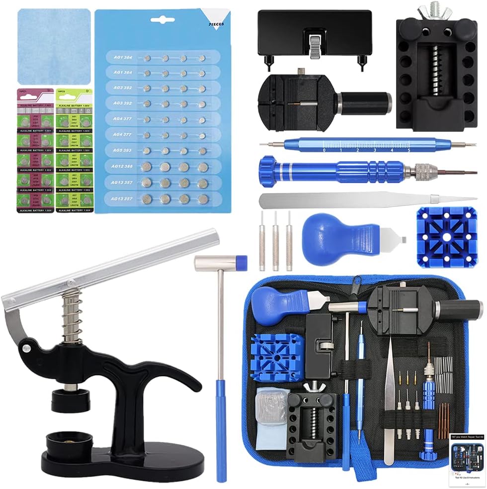 Kit Profesional de Reparación de Relojes, GLDCAPA Kit de Sustitución de pilas de Reloj con Maletín de Transporte, Herramienta de Extracción de Eslabones, Juego de Prensa de Reloj con 60 Pilas de Reloj