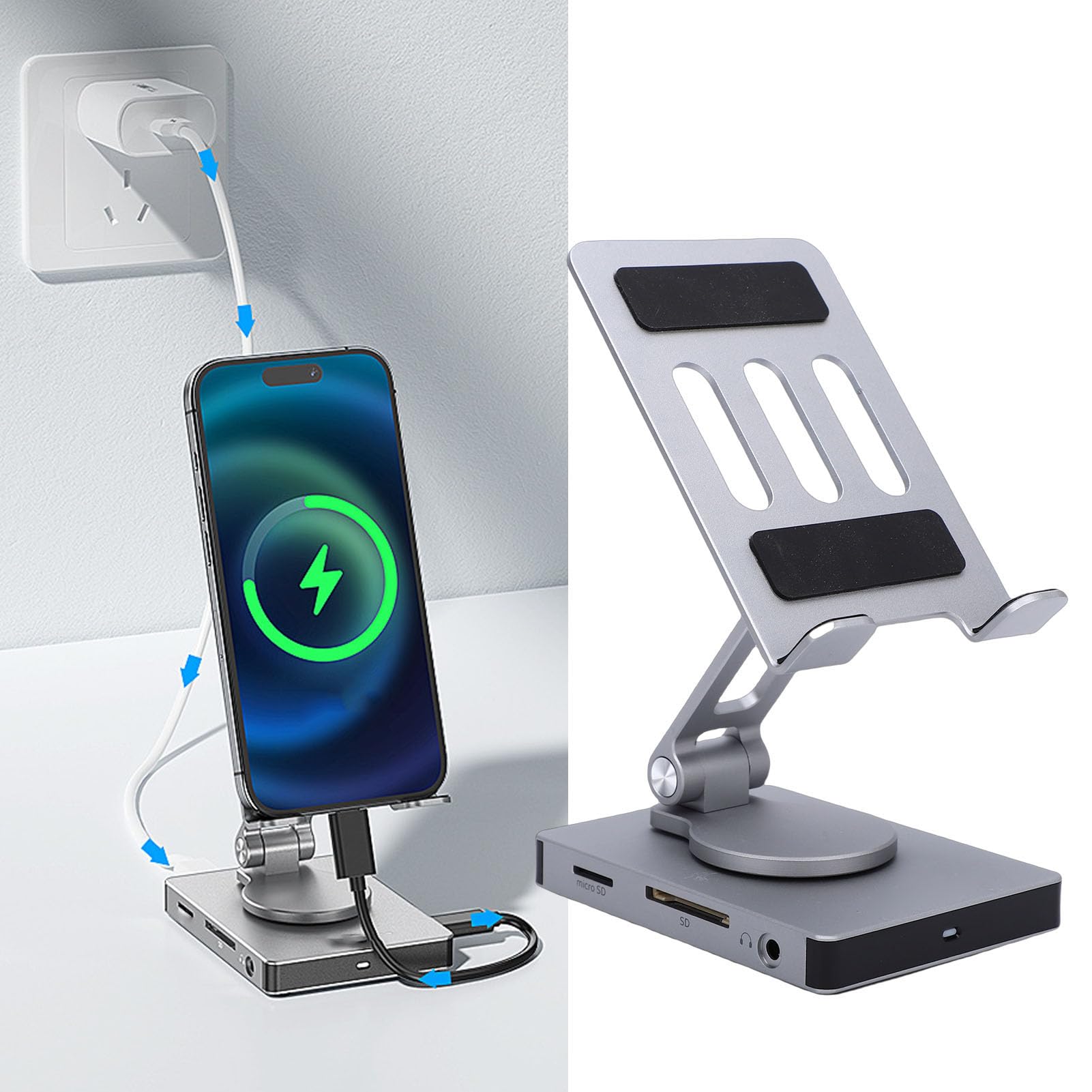 Tosuny Supporto per Tablet con Hub USB C 8 in 1, Supporto per Tablet in Alluminio con Docking Station, Base Girevole a 360°, HDMI 4K, Ricarica PD da 100 W, USB 3.0, RJ45, Audio da 3,5