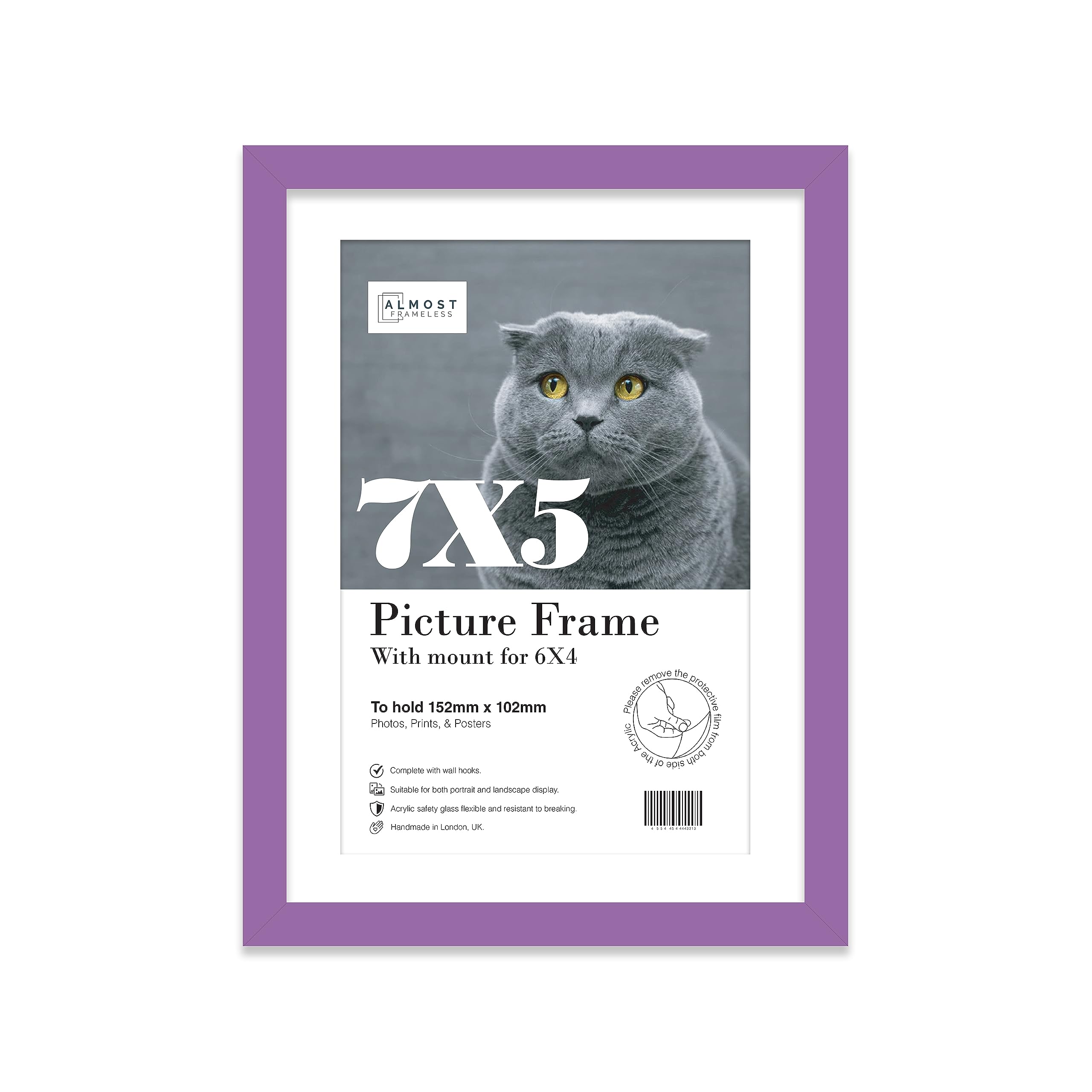 Almost Frameless 7x5 Purple Picture Frame With Mount for 6x4 Print, Poster or Photo Poster, Photo, Artwork, or Print. Thin Edge Slim Frame Portrait and Landscape Display with Wall Hooks