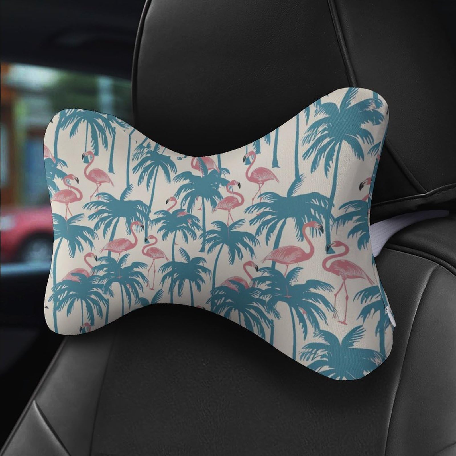 Pinks Flamingos Palm Trees Car Neck Pillow Set of 2 Car Seat Head Support Cushion Bone Pillows with Elastic Strap