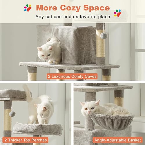 Miniatura 5 de MDEAM Cat Tree - Torre grande de varios niveles para gatos de 74 pulgadas con 16 postes rascadores de sisal, 2 cuevas, 2 perchas, hamaca, tabla de