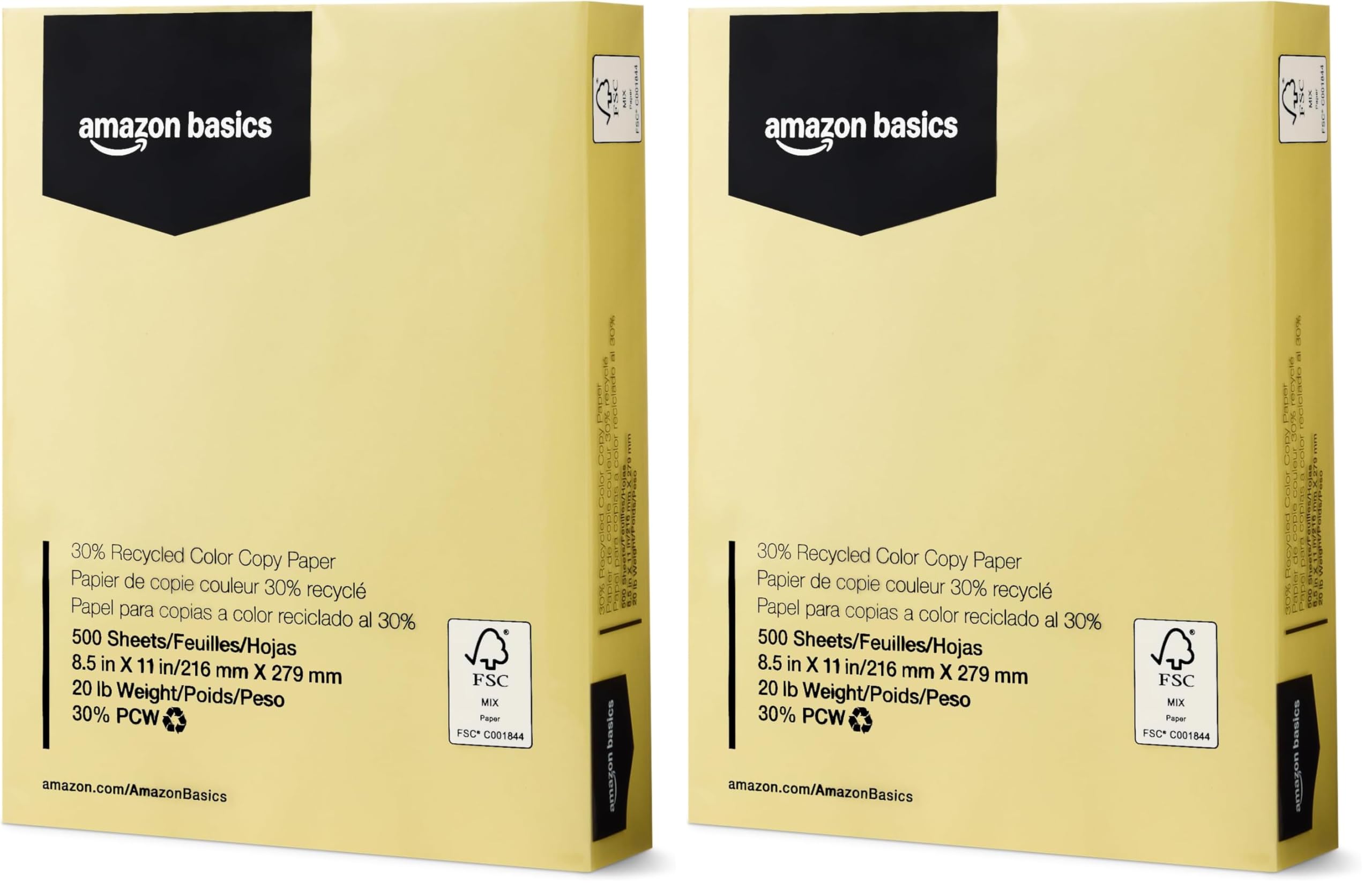 Amazon Basics 30% Recycled Color Copy Paper, 8.5" x 11", 20lb, Pastel Canary, 500 Sheets (Pack of 2)
