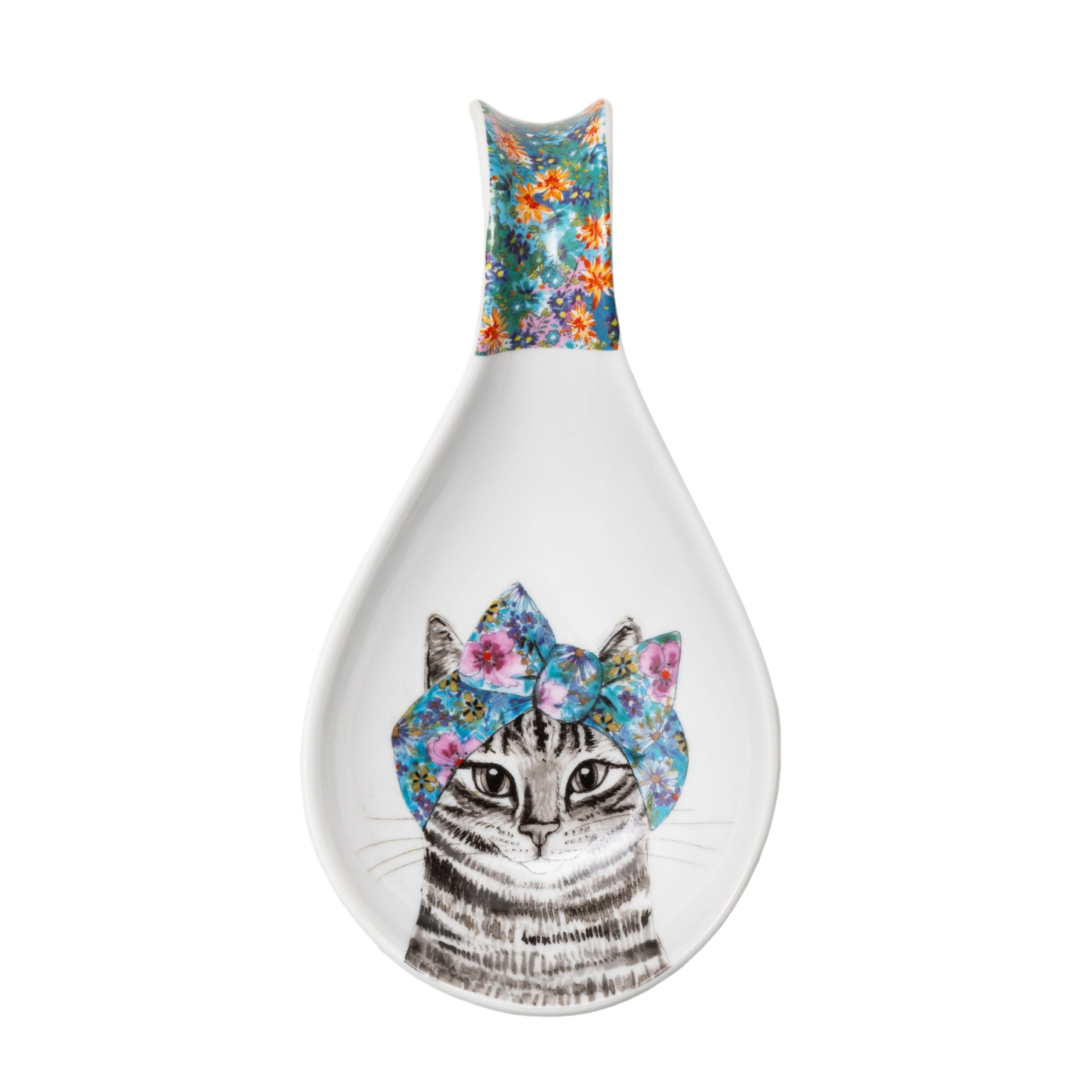 Mikasa Tipperleyhill Decorative Spoon Holder Porcelain Kitchen Utility, Illustrated Quirky Cat and Floral Design, Kitchen Improvement, Counter-Top, Table-Top Additions, Dishwasher Safe, 21 x 11 x 3cm