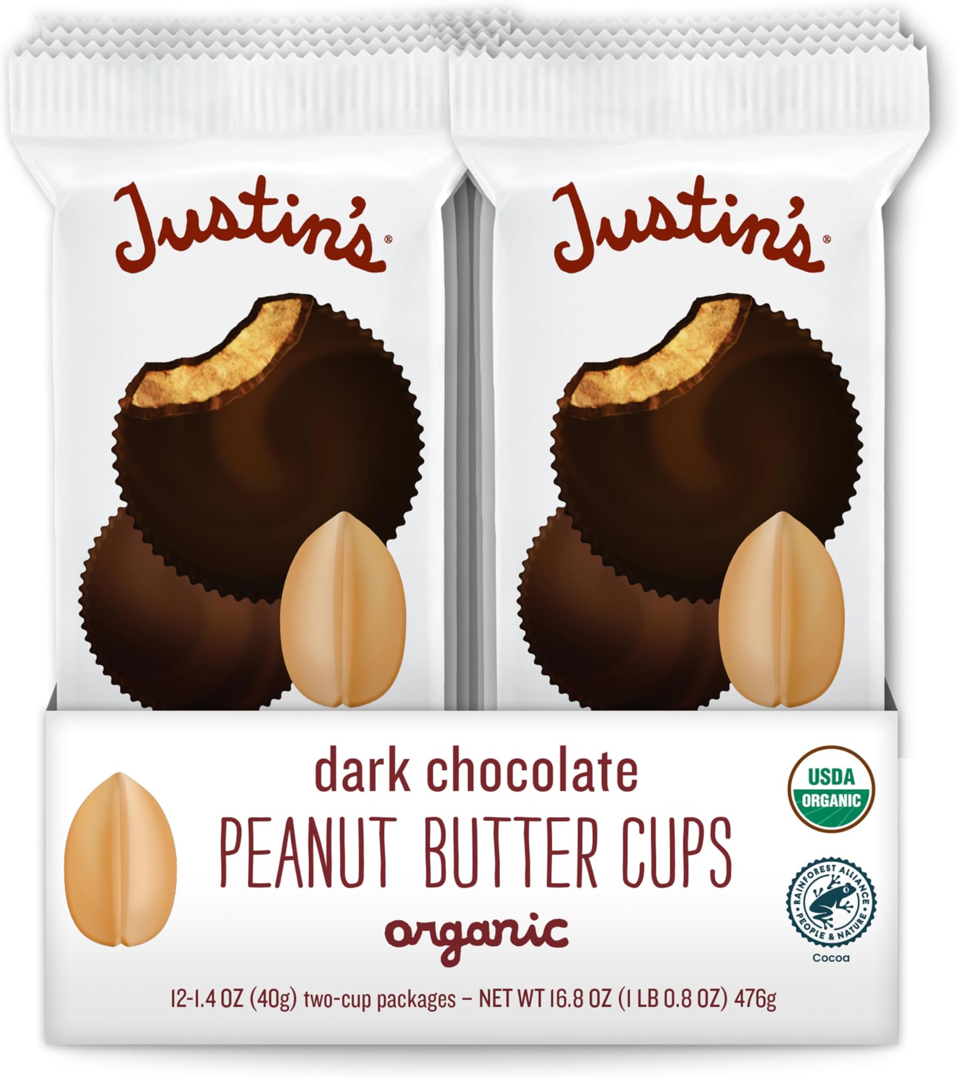 JUSTIN'S Organic Dark Chocolate Peanut Butter Cups, 12 Pack (2 cups each)