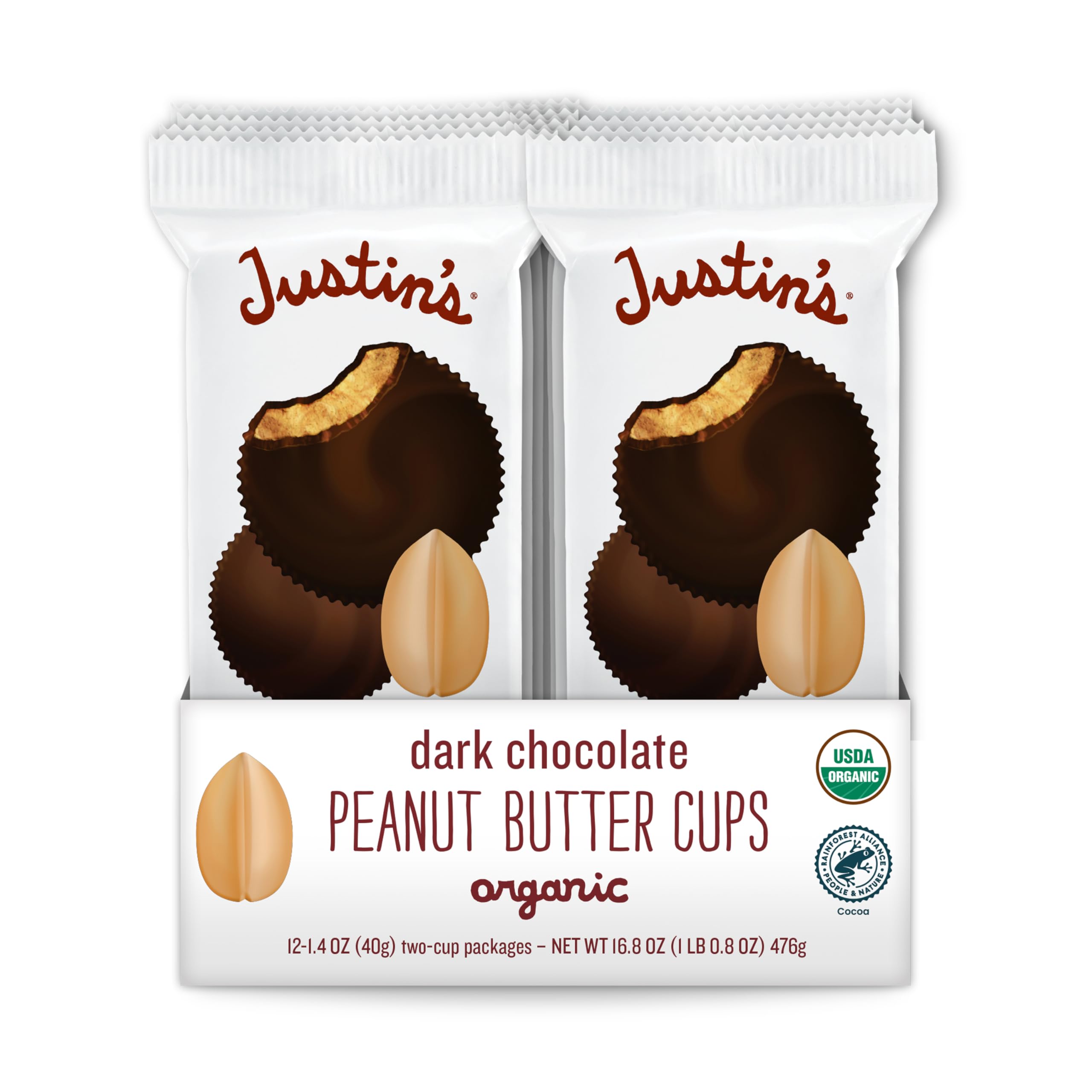 JUSTIN'S Organic Dark Chocolate Peanut Butter Cups, 12 Pack (2 cups each)