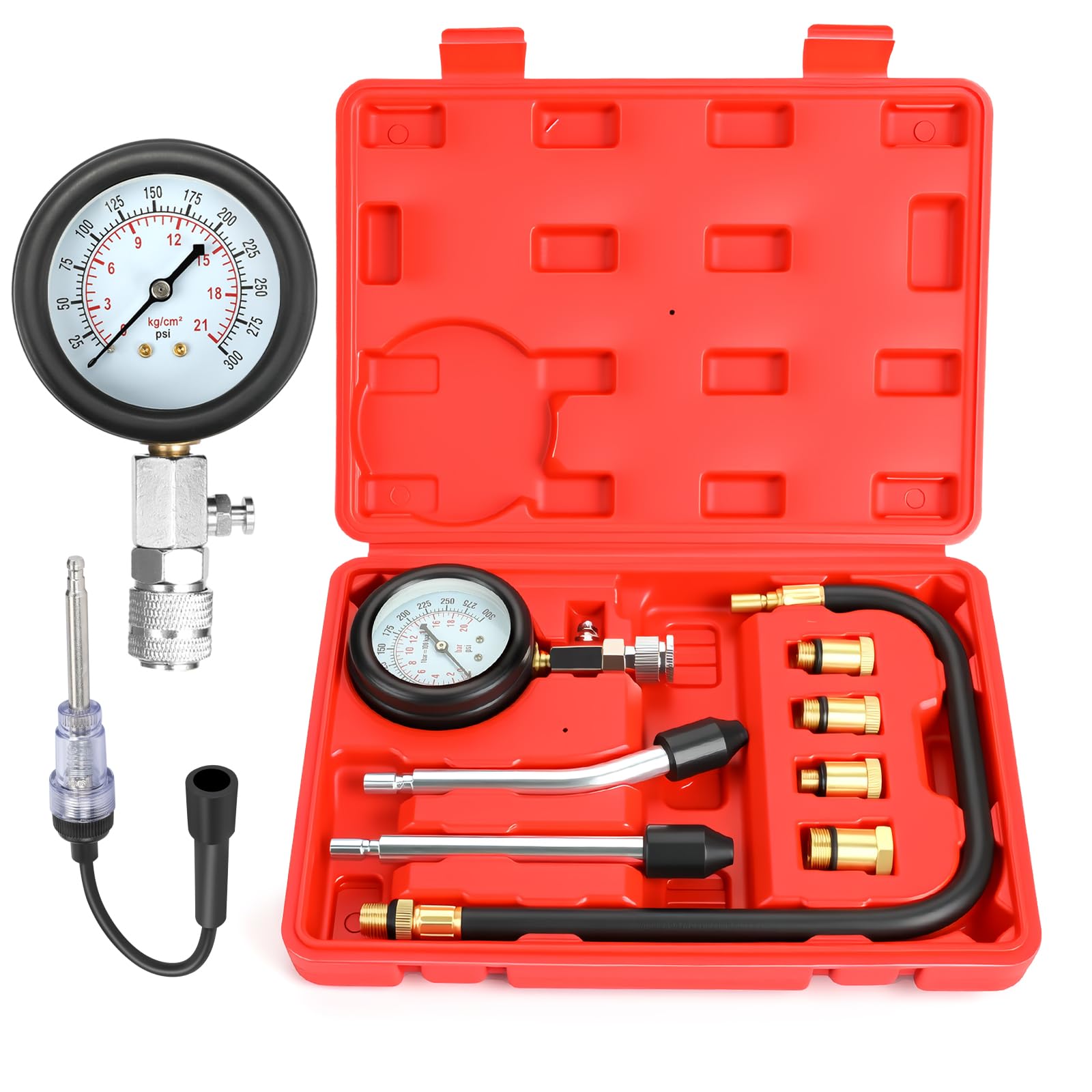 BETOOLL 9pcs Compression Tester with Spark Plug Tester - 300PSI Car and Motorcycle Engine Cylinder Compression Gauge Automotive Tool