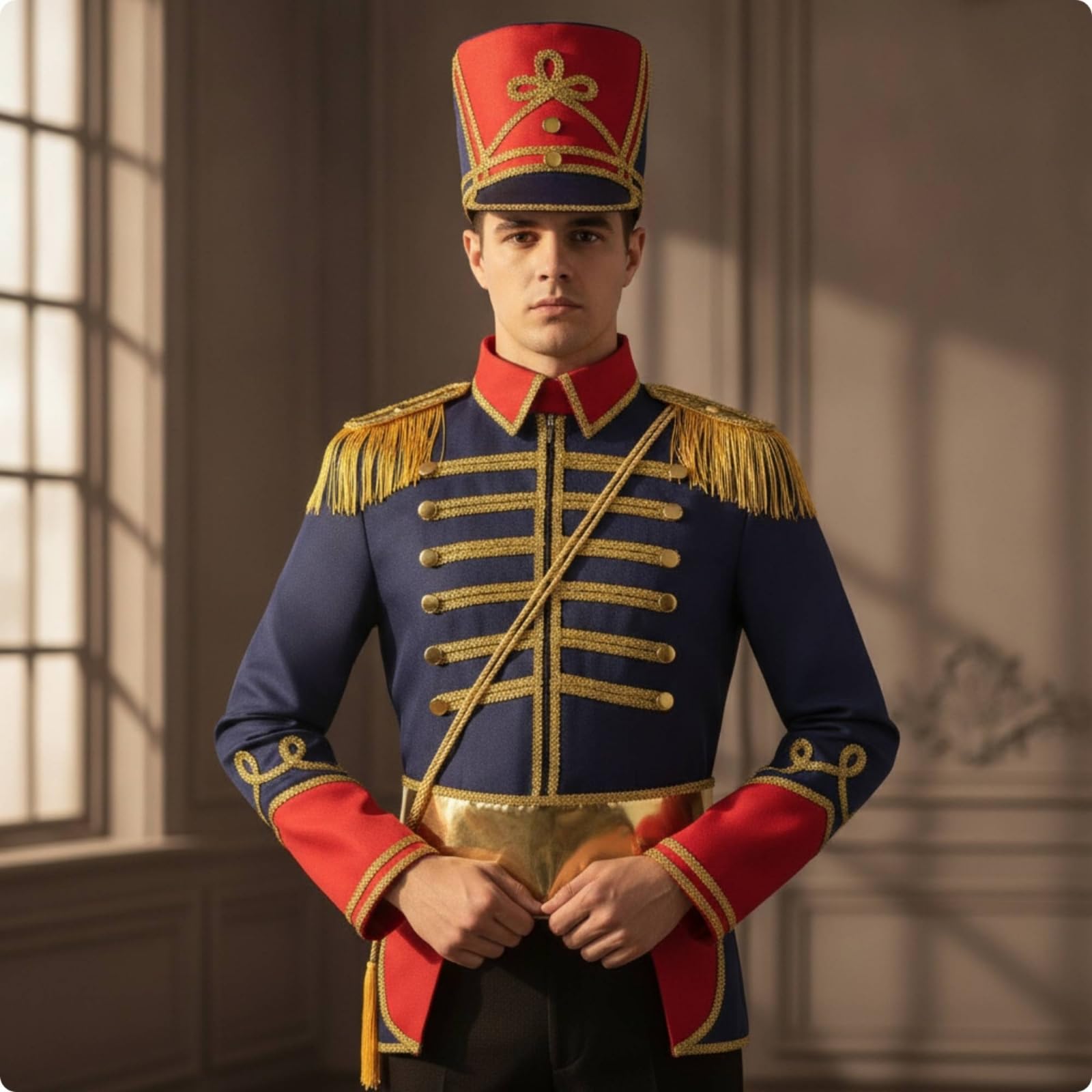 LOVIVER de Desempeño Conjunto Cosplay Chaqueta Azul Detalles Dorados Sombrero Cilíndrico Cinturón Plano Cordón con Fleco Elegante Adecuado para Desfiles Sesiones