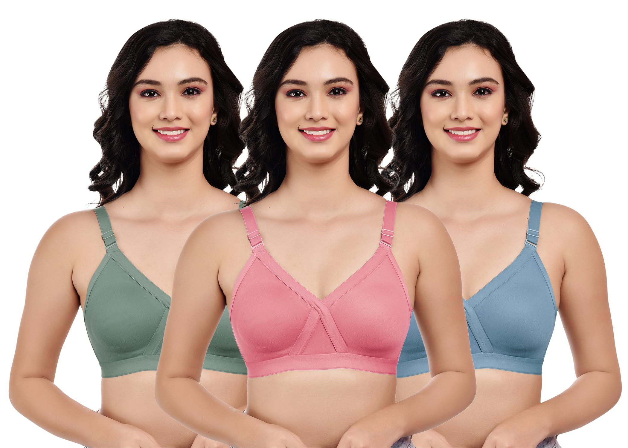 boomshy Women's Non Padded Wire Free Bra Solid Full Coverage Bra Combo (Pack of 3) C024-picture-36