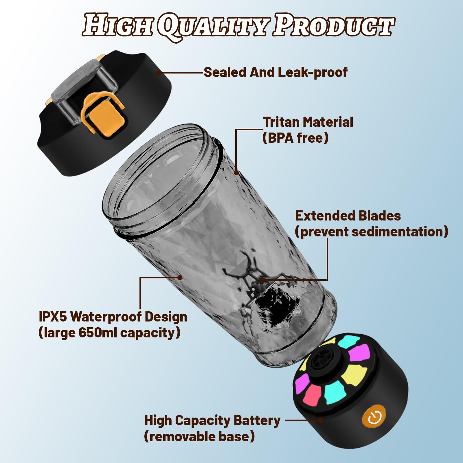 flintronic Shaker électrique à protéines - 650 ml - Mixeur automatique de protéines - Rechargeable par USB C - Pour shakes protéinés - Sans BPA