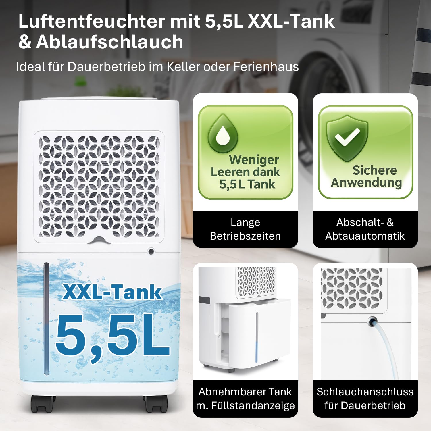 alfda AEF2000 Luftentfeuchter elektrisch 20 L Tag | 20 L Tag, bis 30m², Abschaltautomatik, Hygrostat & Touch-Display, für Schlafzimmer & Badezimmer