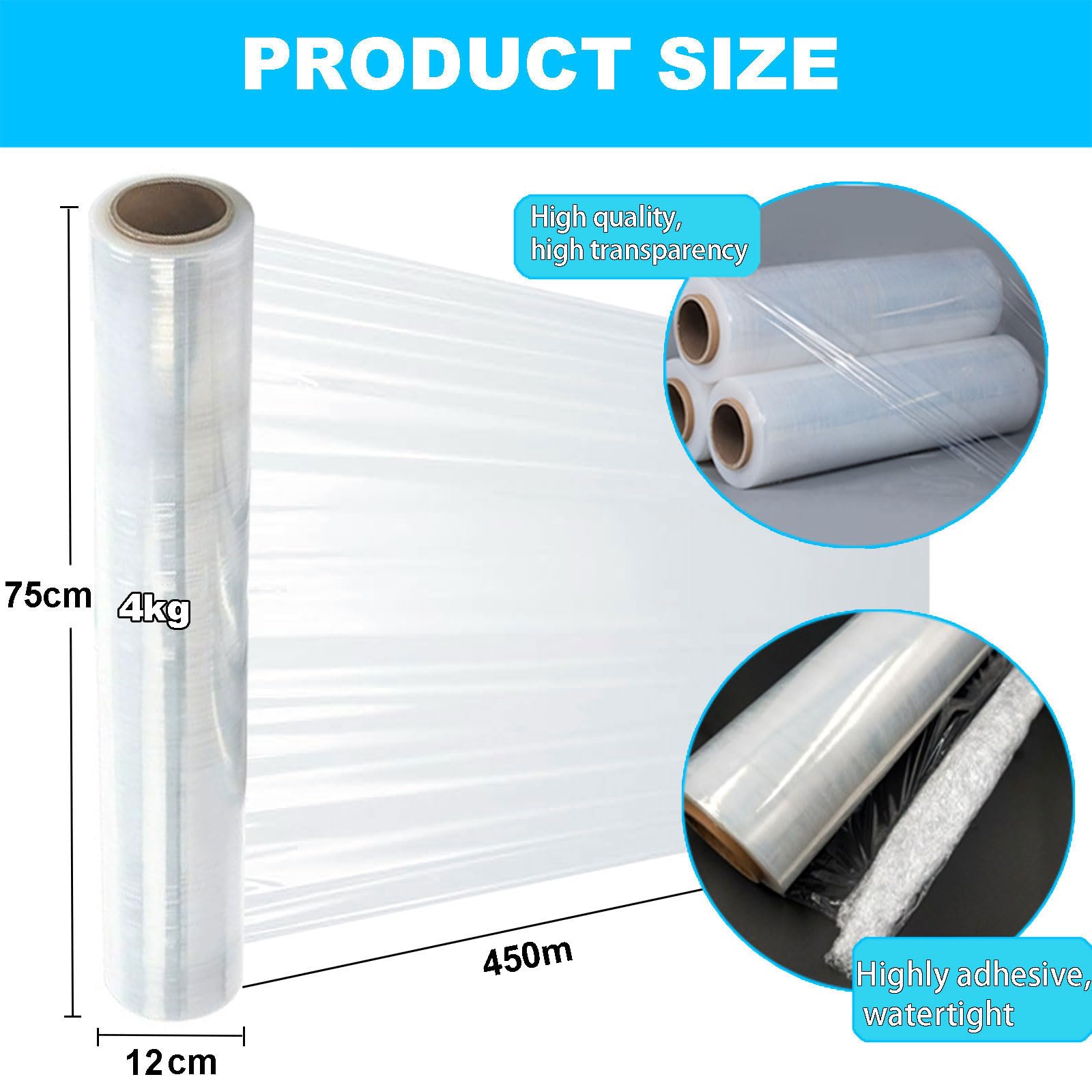 Schrumpffolie, Palettenfolie auf Rolle – 75cm/100cm, dehnbar, Frischhaltefolie in Industriequalität, wasser- und feuchtigkeitsbeständig, für Gepäck, Lagerung und Palettenstabilisierung(Size:75cm)