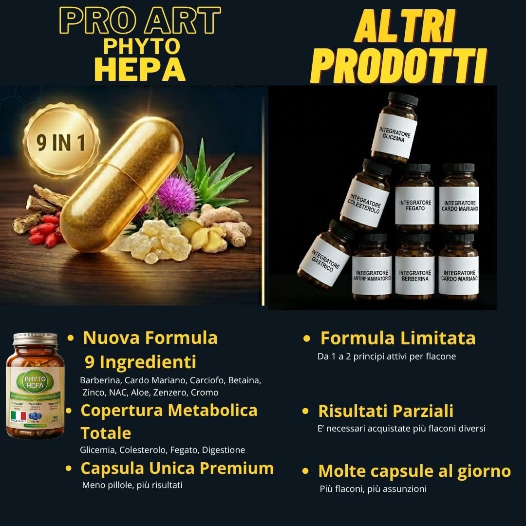 PRO ART Phyto Hepa Berberina e Cardo Mariano Integratore Fegato con Supporto Glicemia e Colesterolo, Nuova Formula con 9 Principi Attivi ad Alta Biodisponibilità Made in Italy