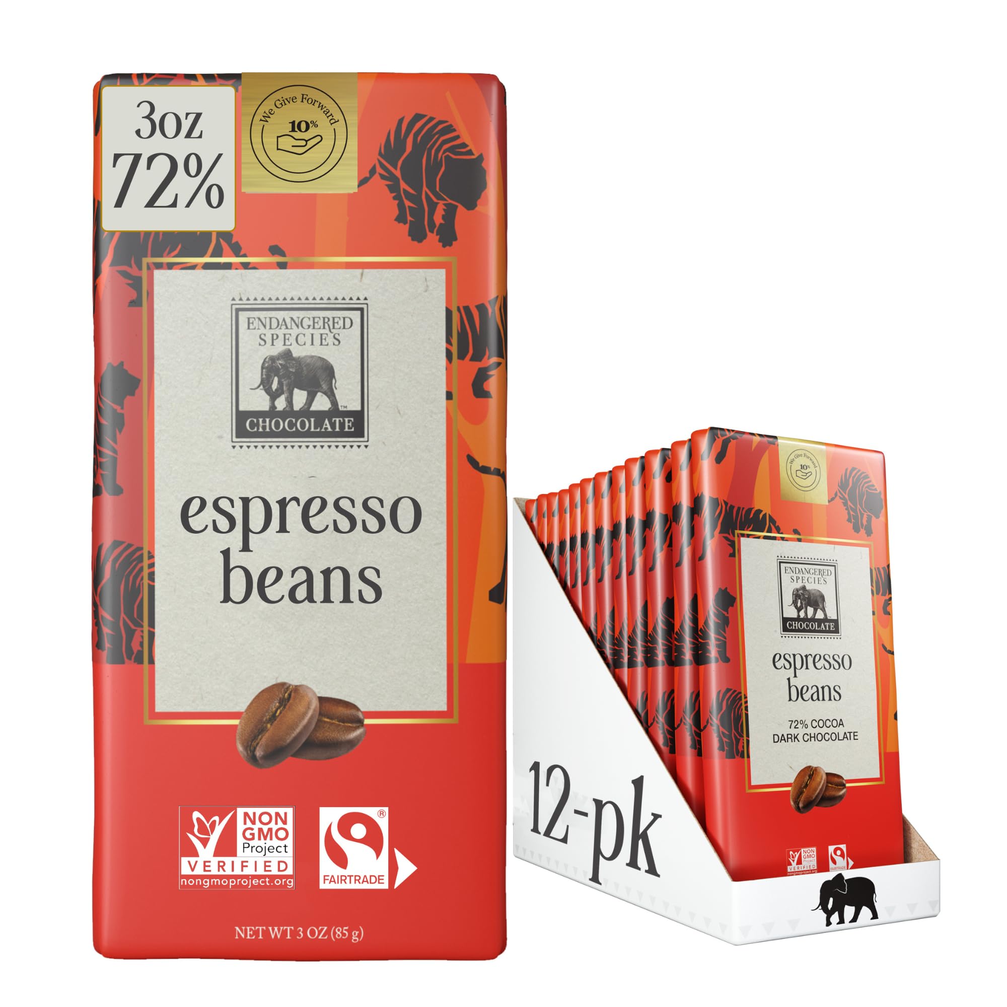 Endangered Species Dark Chocolate Bar with Espresso Beans (72% cocoa)