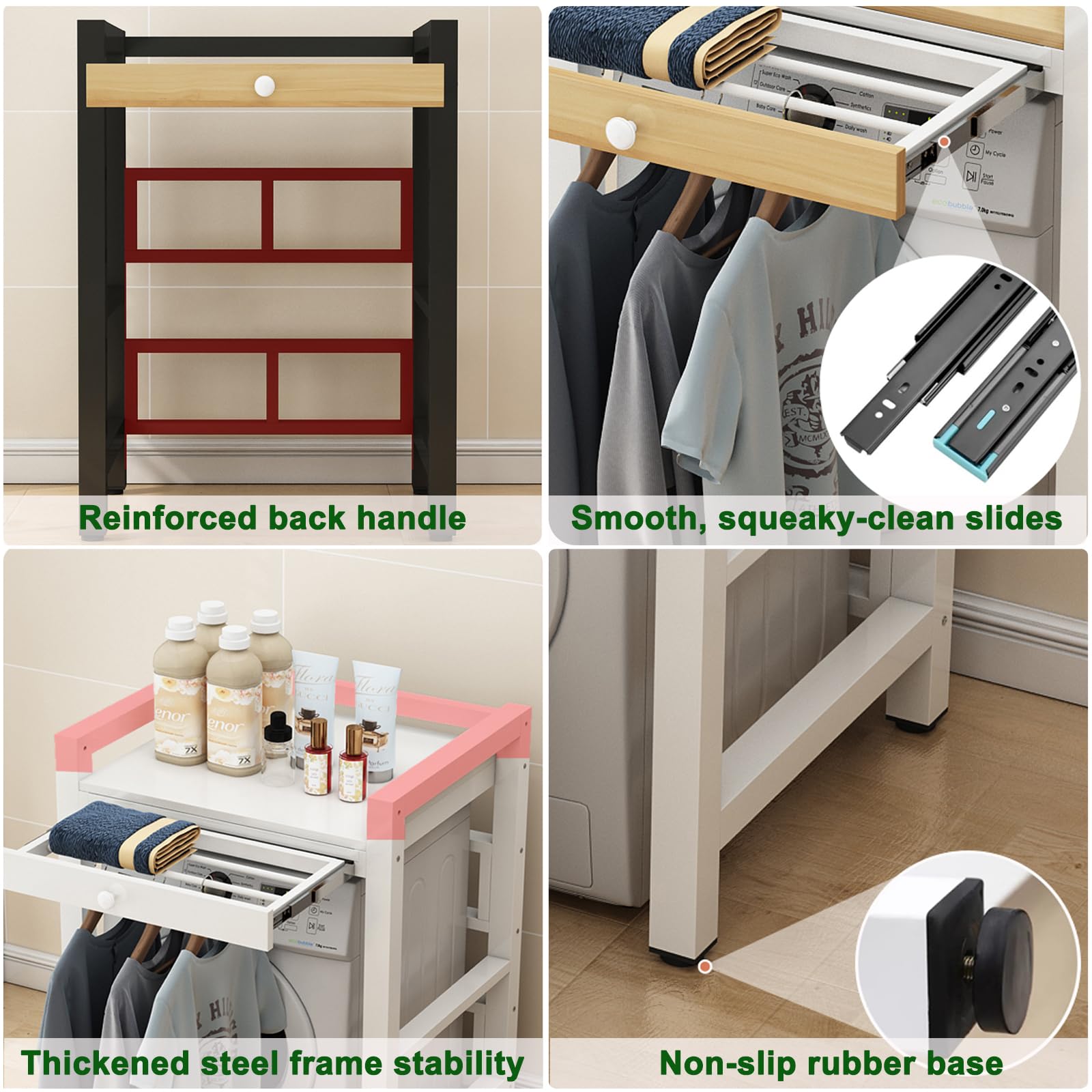 Mueble Lavadora Secadora Mueble para Lavadora Altura Con tendedero oculto Altura ajustable Mueble Lavadora Secadora Vertical Capacidad de 200kg Estantería Lavadora sin Montaje en Pared white 1-Tiers