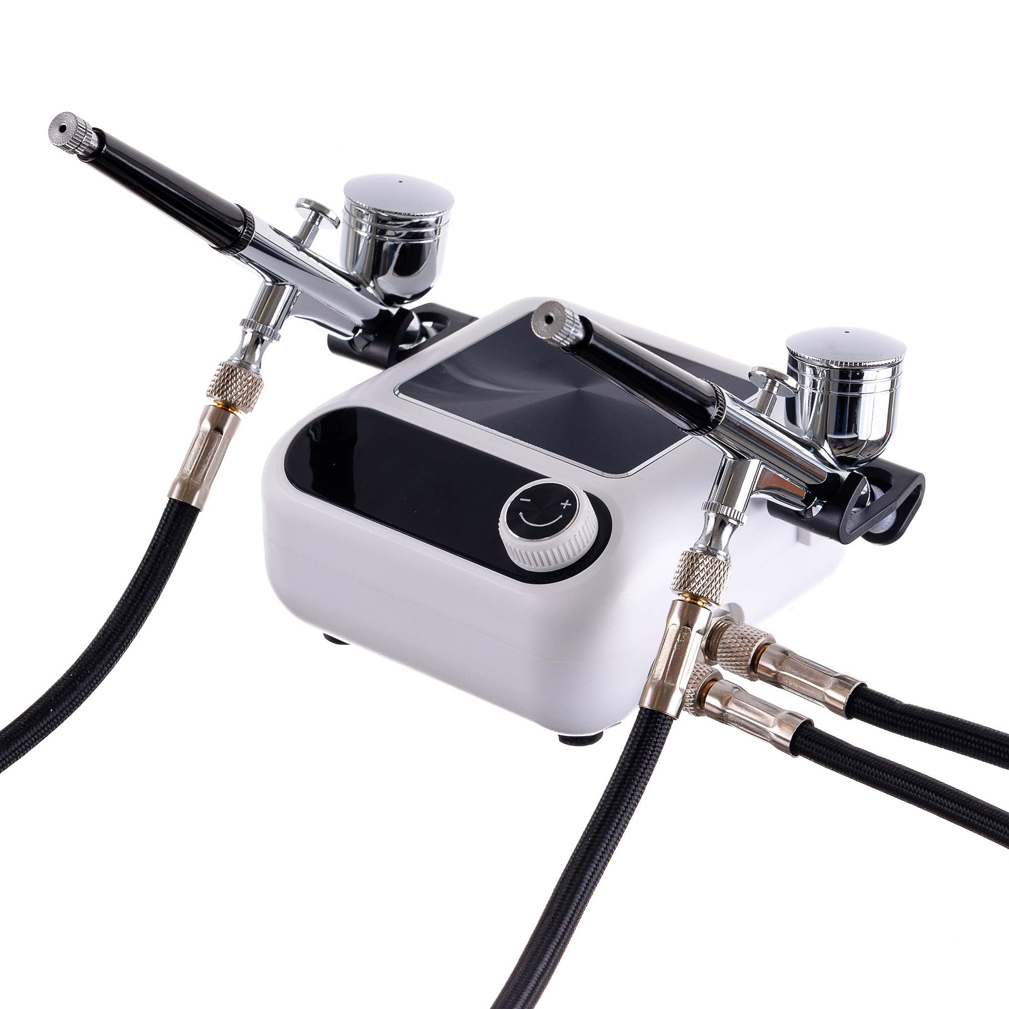 TC TECHNIC - Compressore per Aerografo - Senza Olio, Silenzioso - con 2 Tubi da 1,7m e 2 Pistole per Aerografo - Avvio/Arresto Automatico - Controllo Elettronico Della Pressione - Bianco