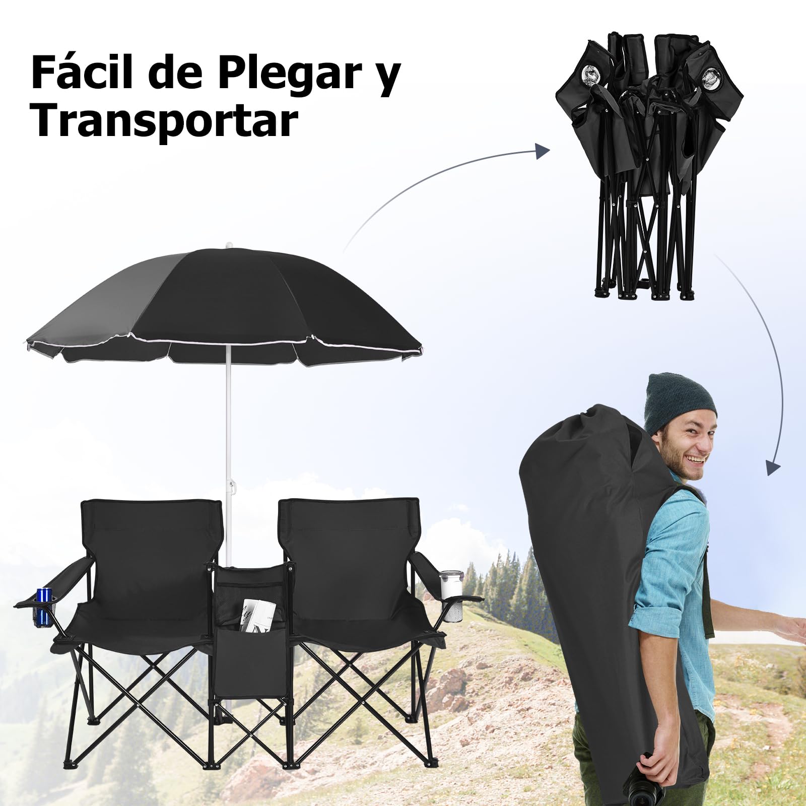 GIANTEX Juego de 2 Sillas de Camping Plegables con Sombrilla, Sillas de Pesca para 2 Plazas con Portavasos y Bolsa Nevera, para 2 Personas, con Bolsa de Transporte (Negro)