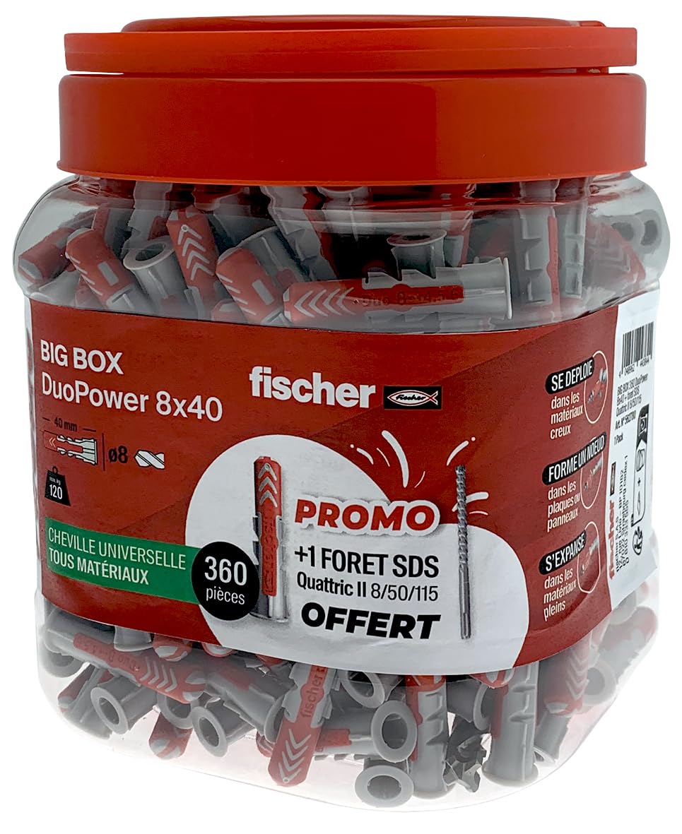 fischer BigBox of 360 DuoPower dowels 8x40 All Materials + 1 SDS Quattric Drill bit Included, One Size