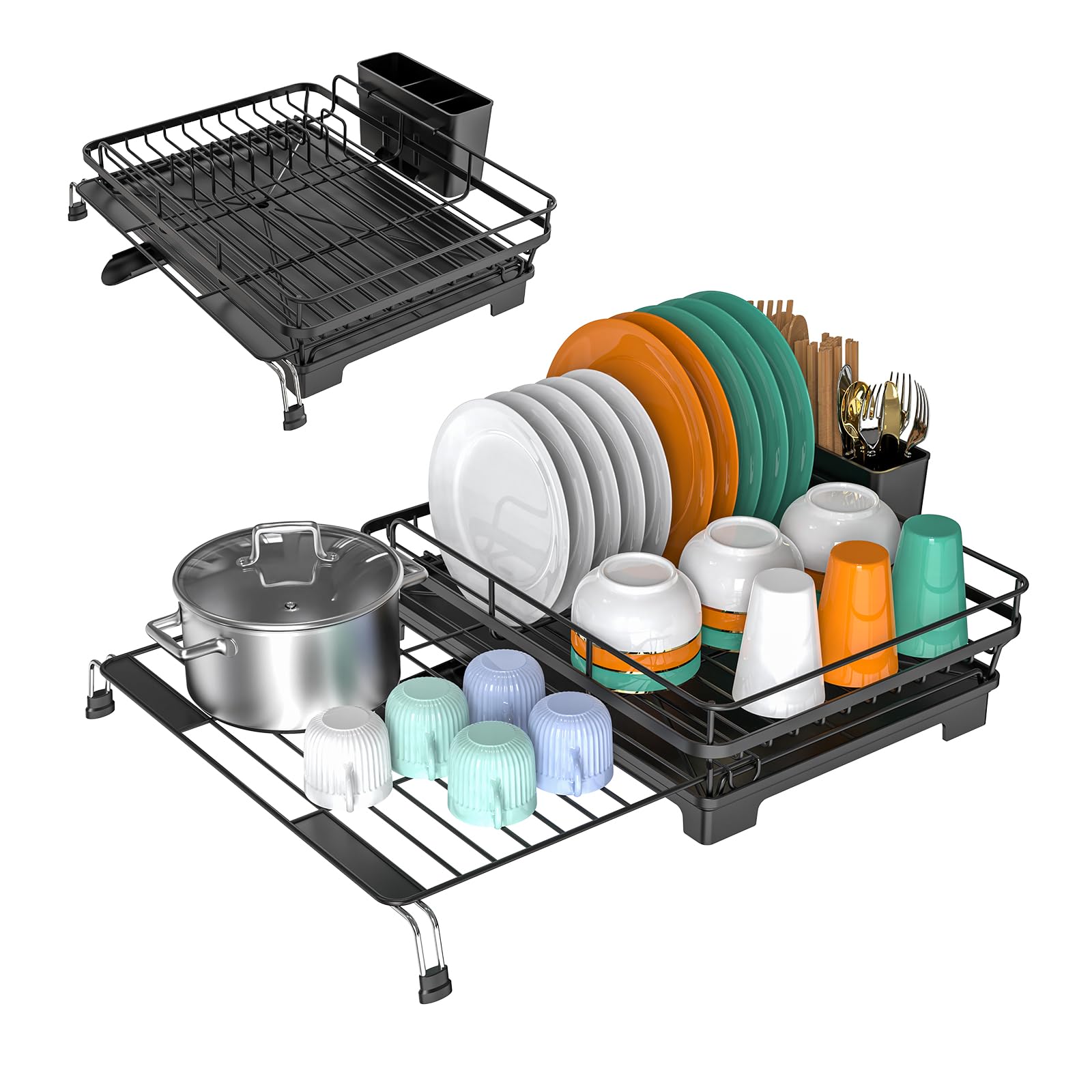 ULAIHOMN Large Dish Drying Rack?Extendable Dish Rack for Kitchen Counter and Sink,Anti-Rust Dish Strainer with Cup Chopping Board Cutlery Holder and Drainboard