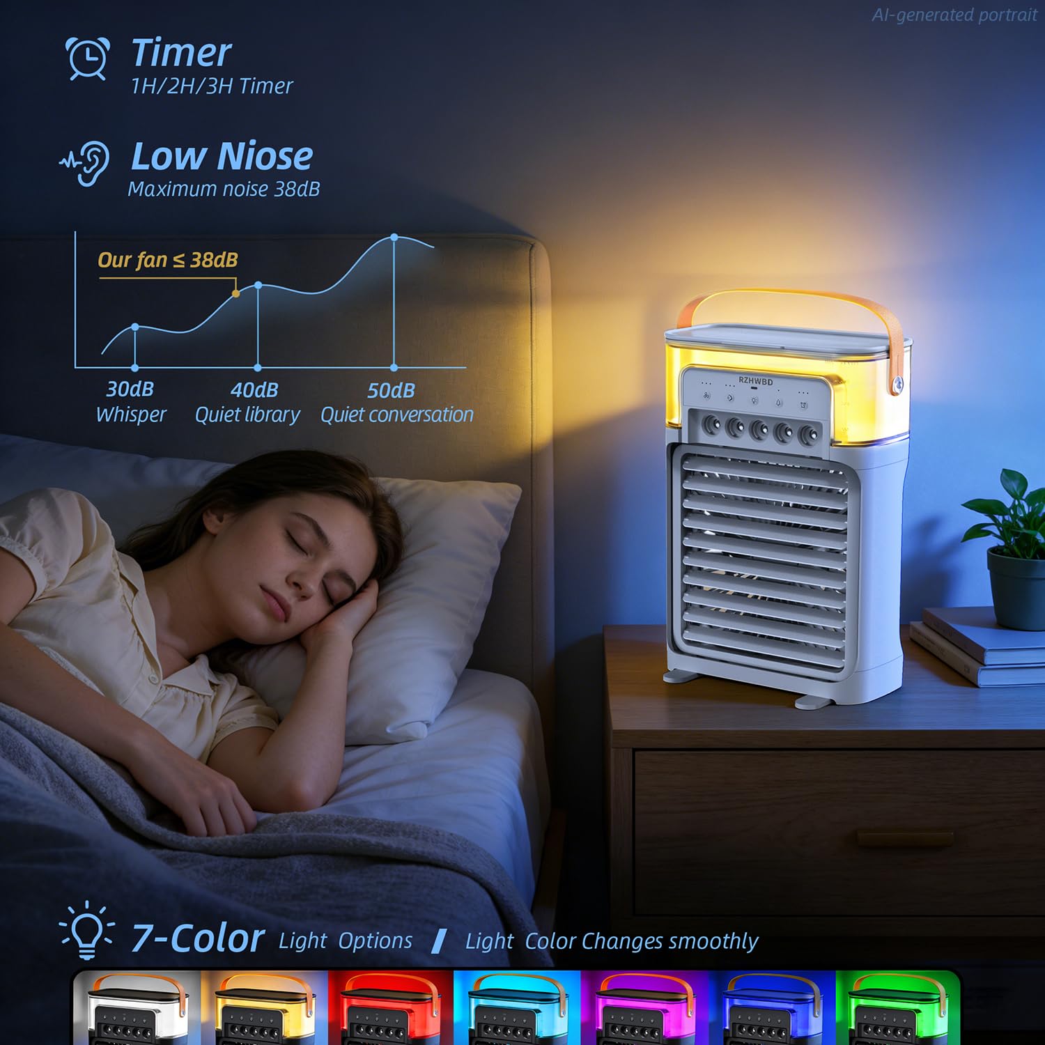 Mobile Luftkühler,7-Farben-Licht,Timer,Fernbedienung,für Zuhause/Büro/pers Weiß