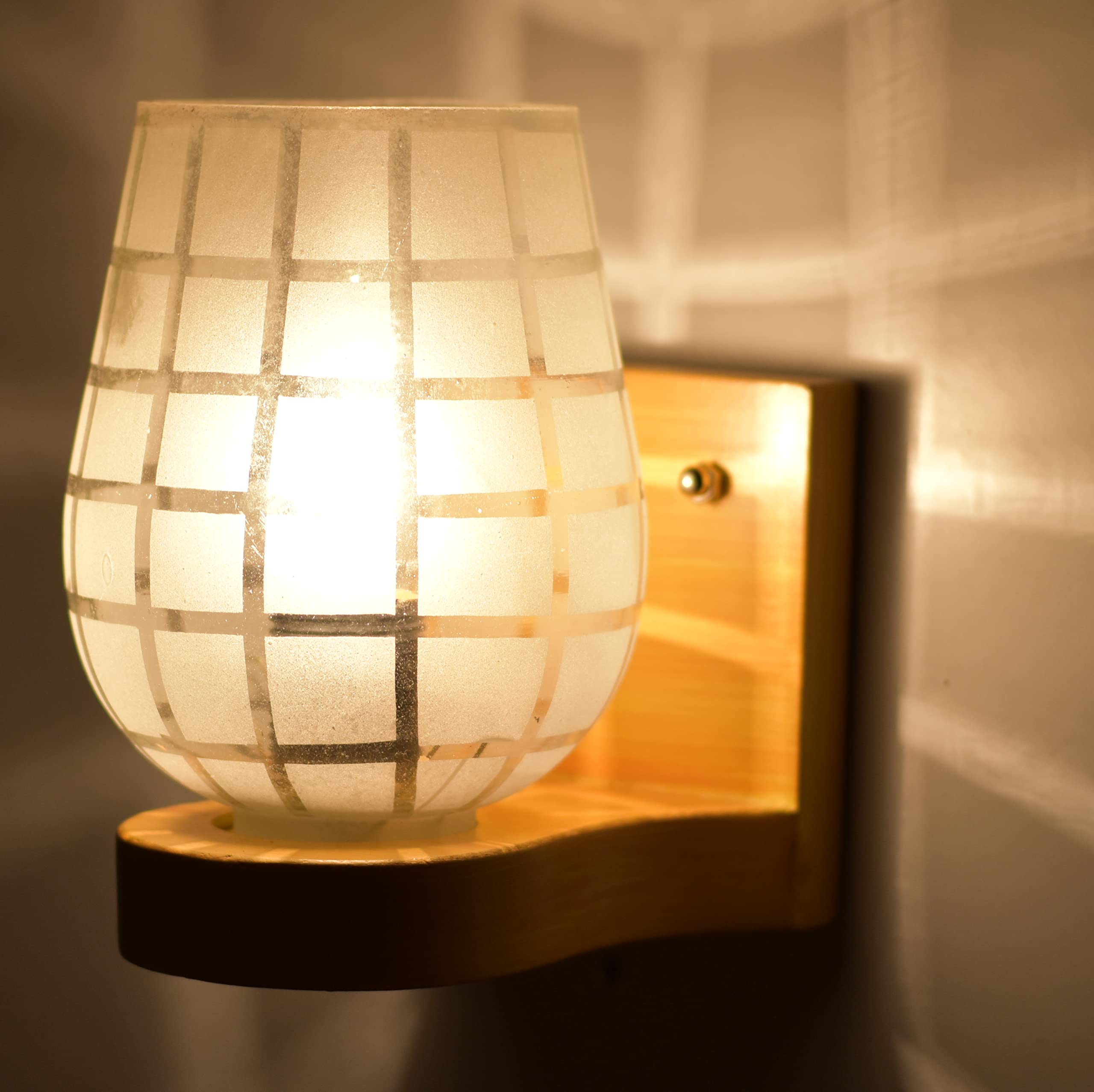 AG APPORVA GLASS Modern Stylish Design Frosted Wood Wall Lamp/Light with Hand Decorated Glass Shade