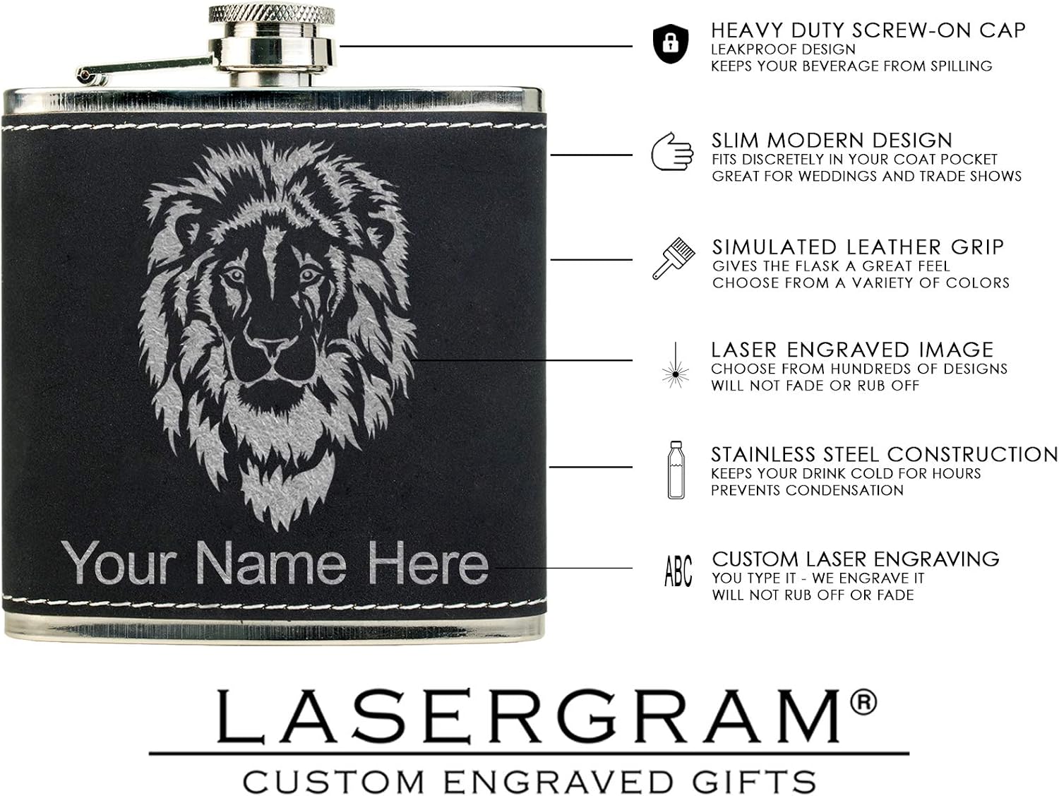 LaserGram Faux Leather Flask, Howling Wolf, Personalized Engraving Included (Black With Silver)