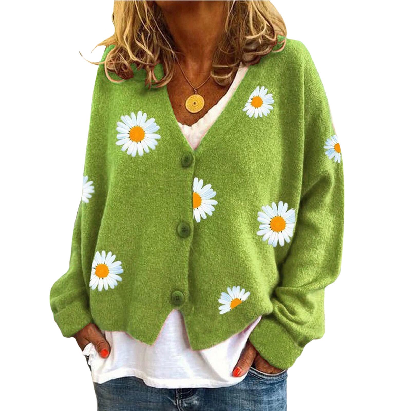 Womens Cute Long Sleeve Button Down Open Front Knit Sweater Cardigan Daisy Flower Cardigan Sweaters Fall Winter Coats