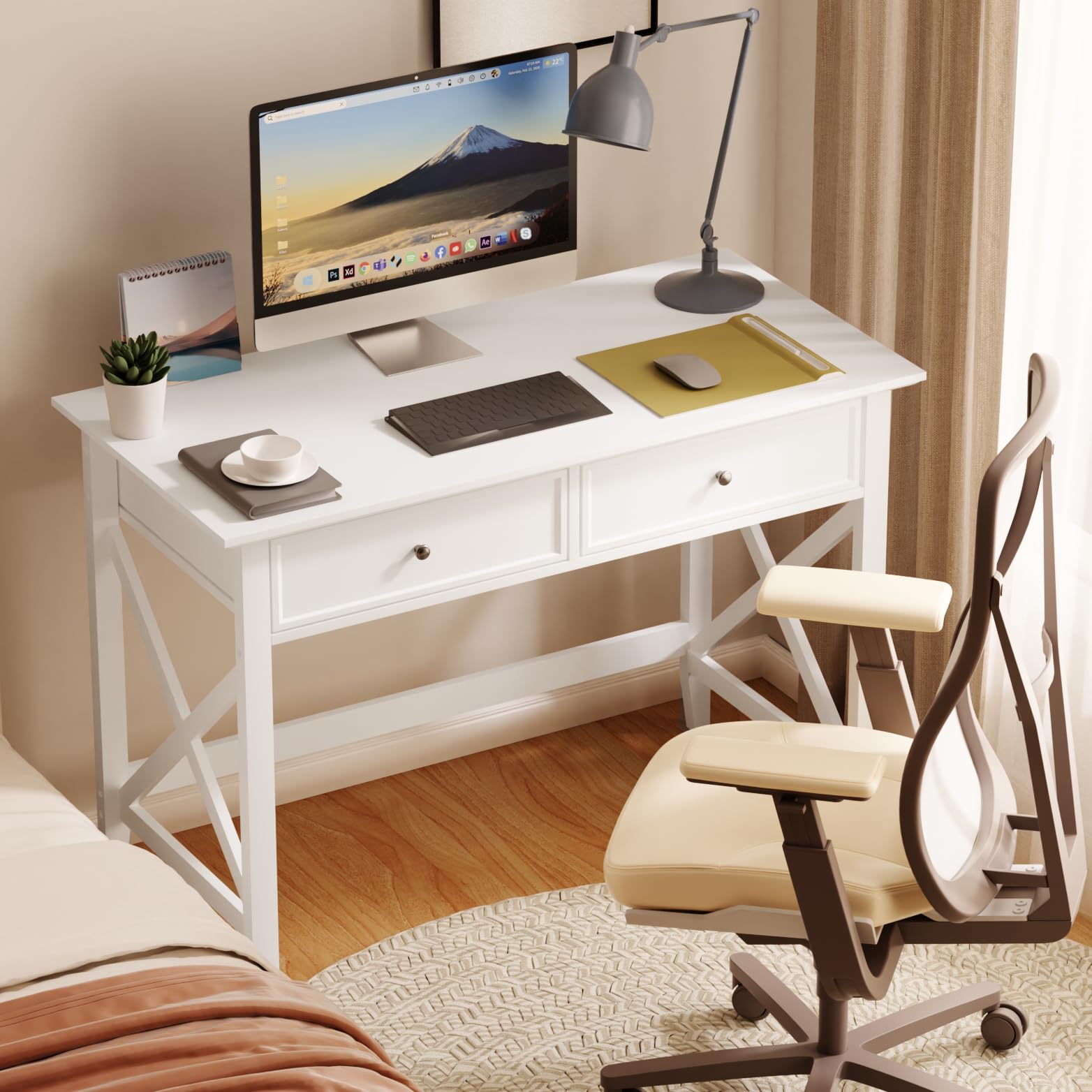 Lewahom White Computer Desk with 2 Drawers, Modern Makeup Vanity Desk with Storage, Writing Desk for Home Office, 42'' Long Study Simple White Desk