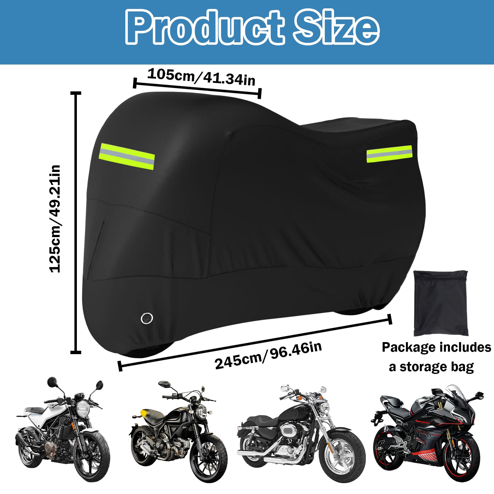 Plandeka ochronna na motocykl z paskami odblaskowymi, wodoszczelna i odporna na warunki zimowe, czarna, do użytku na zewnątrz (245 x 105 x 125 cm)