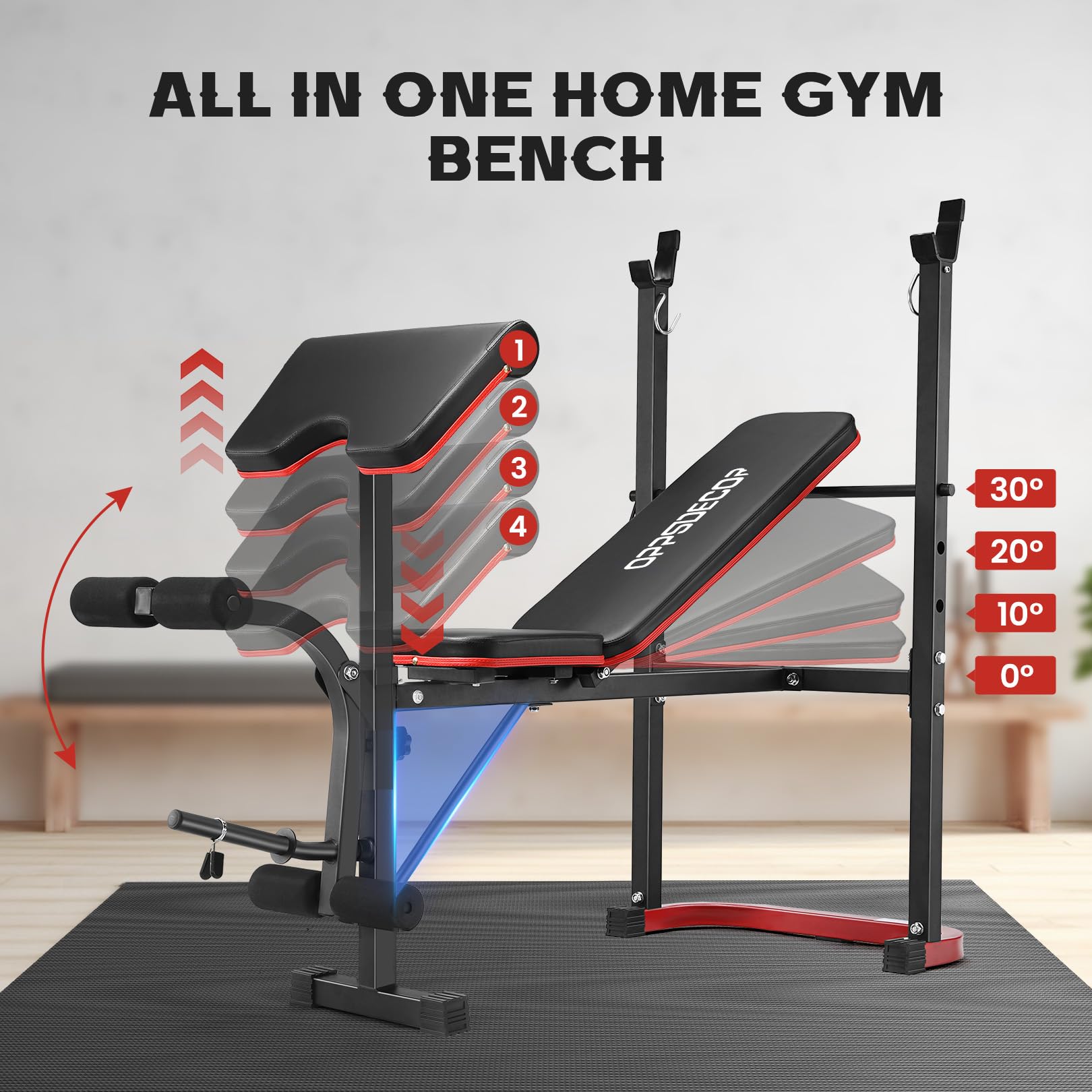 OPPSDECOR Adjustable Weight Bench Set with Leg Developer & Preacher Curl Pad, Full Body Workout Bench Press Set with Squat Rack for Home Gym Fitness, Standard Strength Training Bench (Scarletblack)