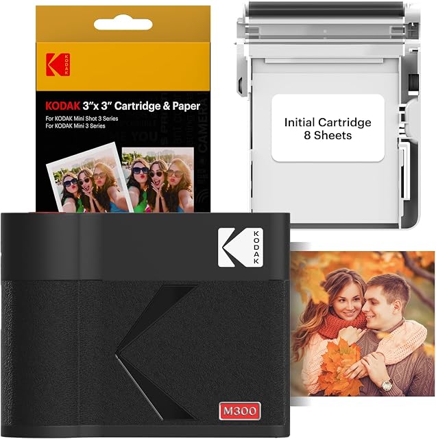 KODAK Mini 3 ERA 3x3 Portable Photo Printer, 4PASS, 38 Sheets, Black | Bluetooth, iPhone & Android Smartphone Compatible, Smudge-Proof, Water-Resistant, Fade-Resistant