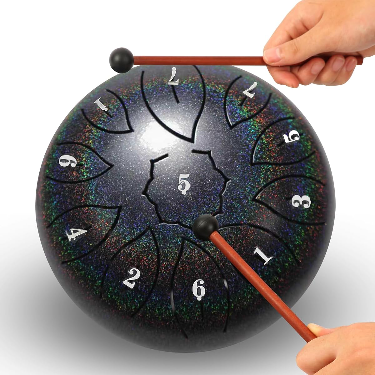 Steel Tongue Drum - 6 Inch 11 Notes, C Major, 440 Hz - Rain Drum with Music Book, Mallets, Storage Bag, Spare Note Stickers - Meditation Drum for Yoga Gifts (Rainbow Black)