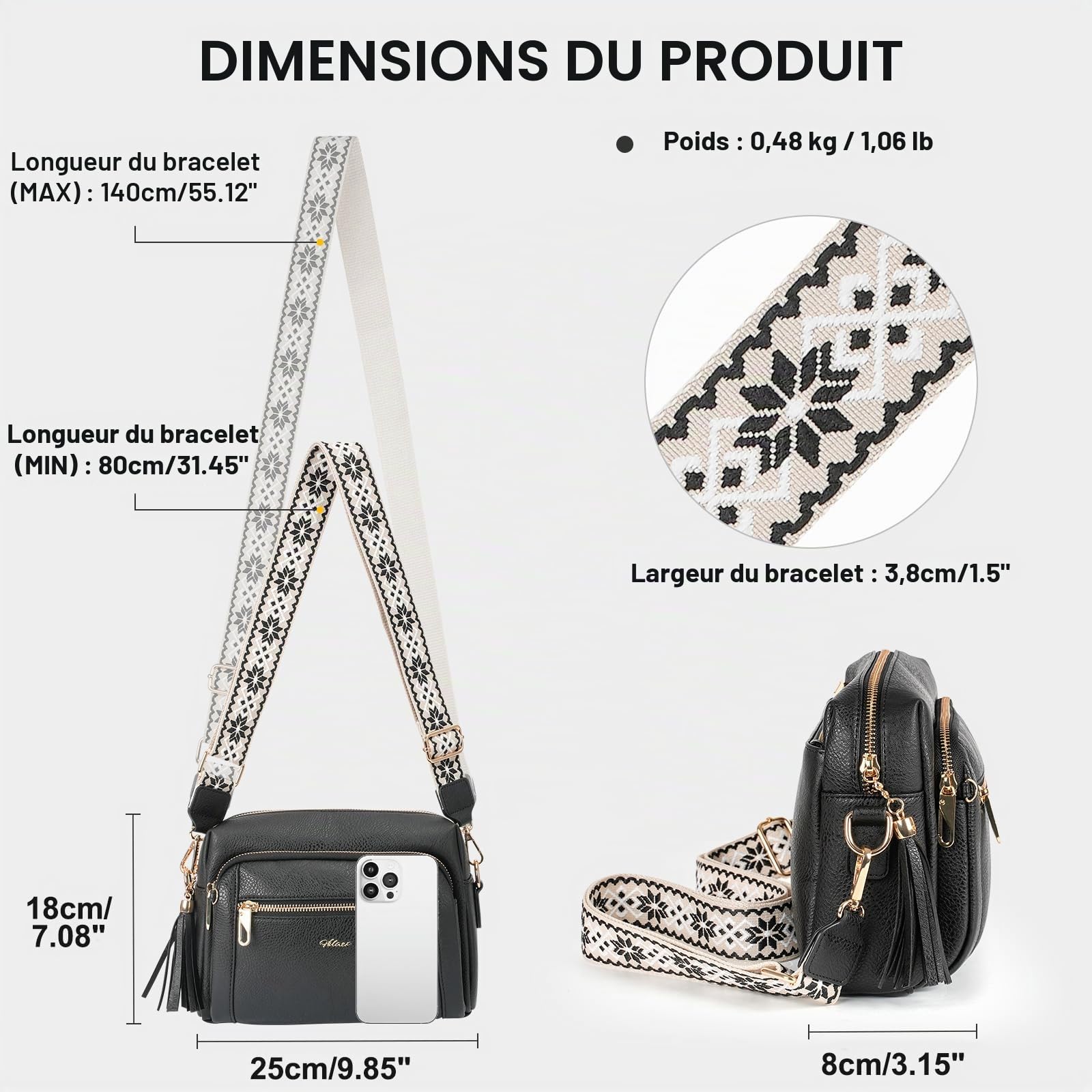 Sacs Bandoulière Femme avec Antivol, Sac a Main Femmes Bandoulieres 4 Compartiments, en Cuir PU avec Sangle Réglable et Large Amovible
