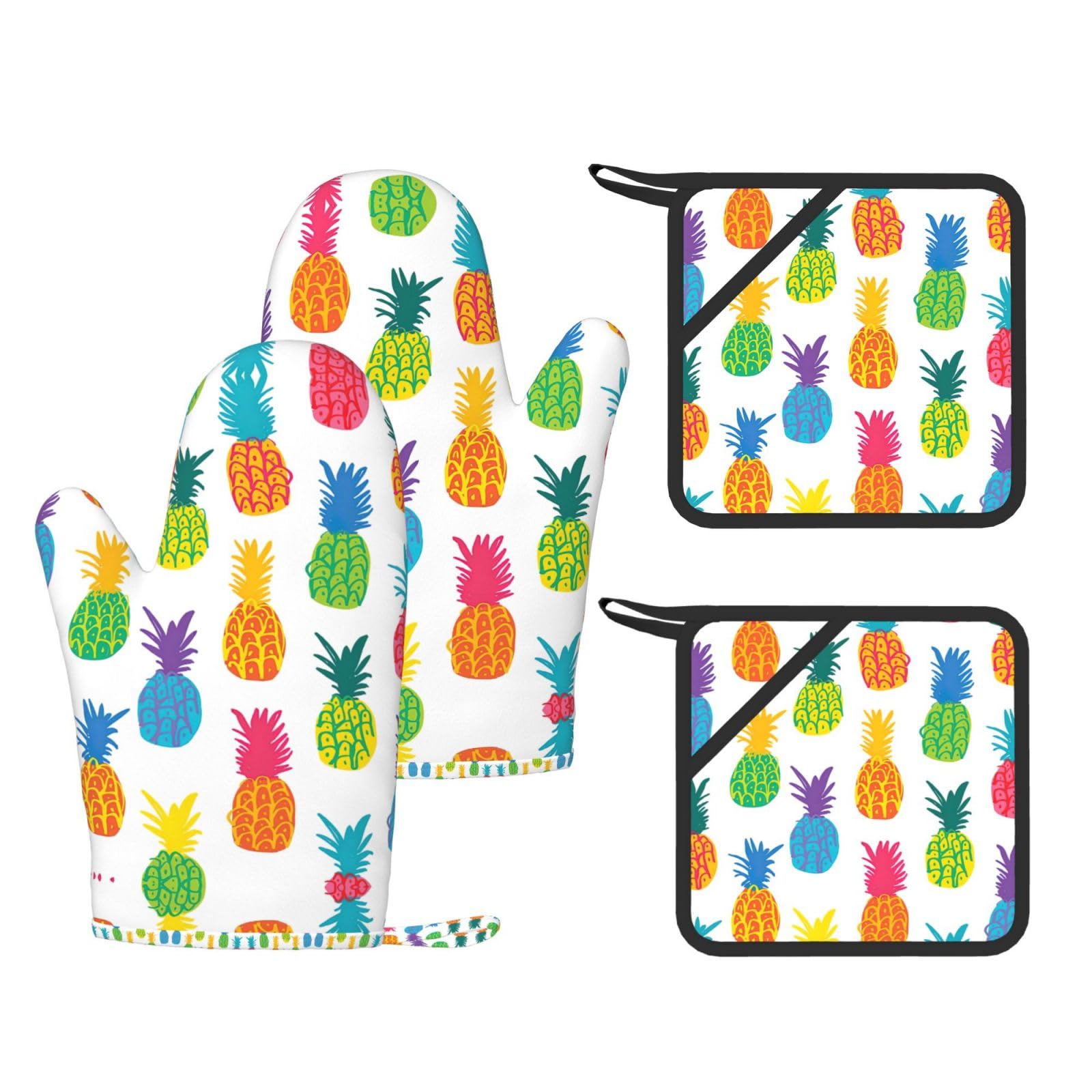 Rainbow Pineapple Printed Pot Holders and Oven Mitts 4-Piece, Non-Slip Kitchen Gloves with Utensil Pocket for BBQ