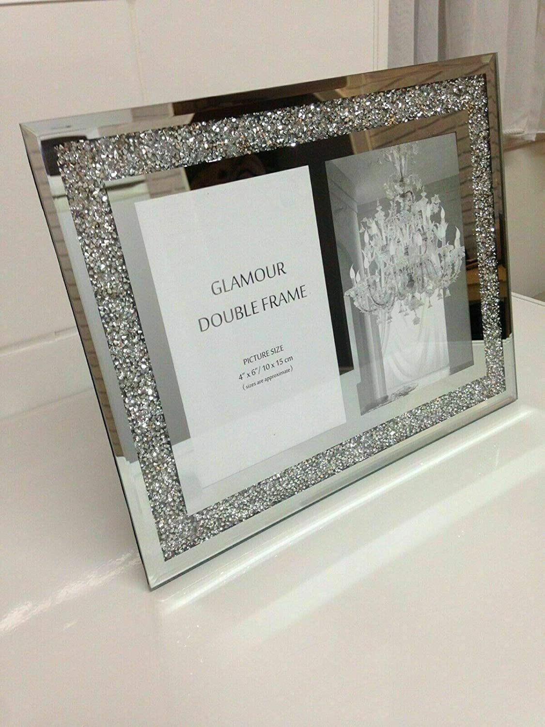 Biznest Silver Crushed Crystals Photo Frame Mirrored Crushed Jewel Crystal Diamante Picture Frame (Double Picture Frame)