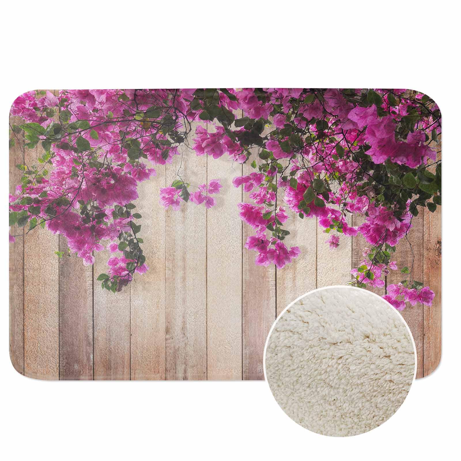 Lungtao Pink Bougainvillea Flower Bath Mat for Bathroom Brown Wood Background Bath Rugs Door Mat Non Slip Rubber Backed Bathroom Floor Mat for Bathtub