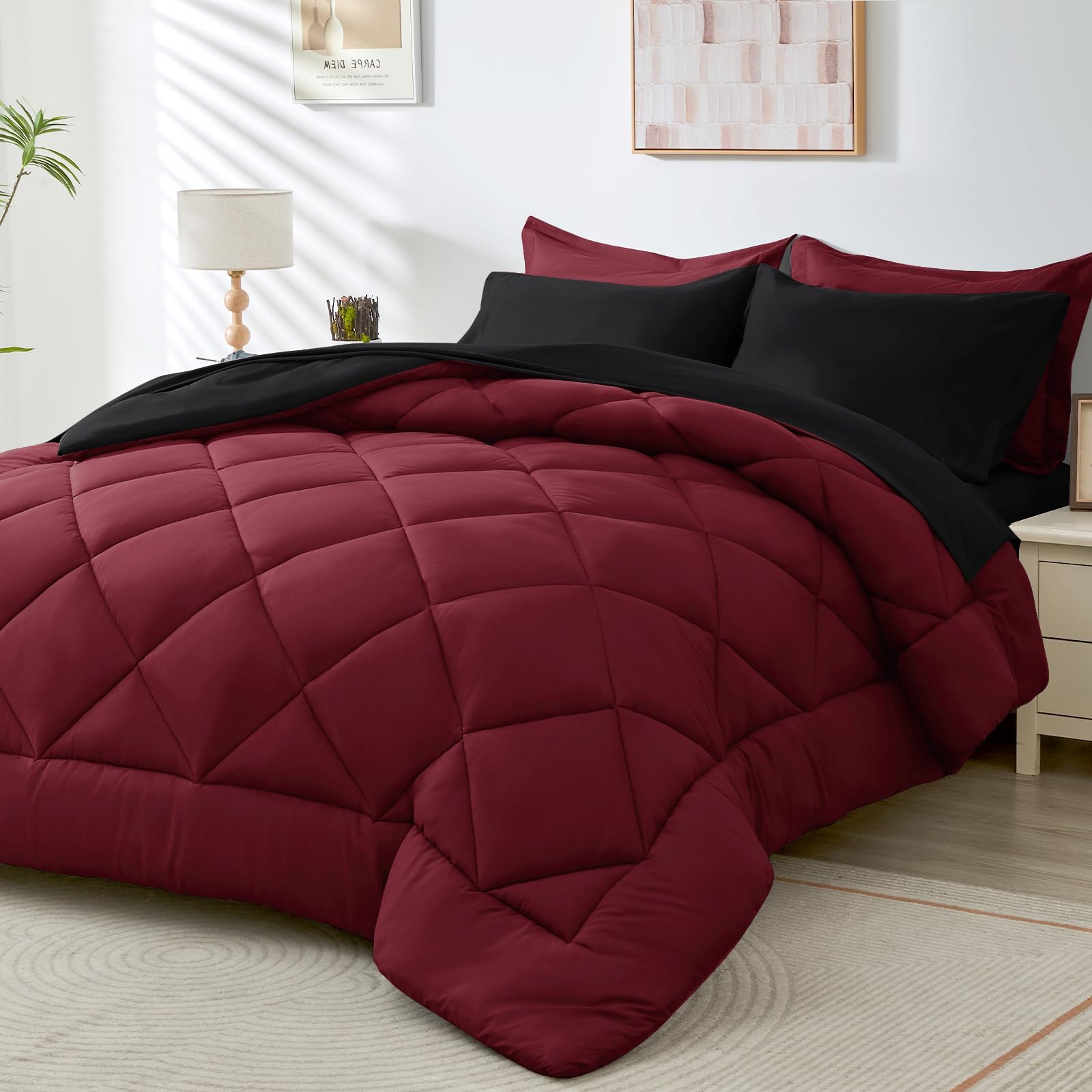 HEVUMYI5 Pieces Twin XL Comforter Set, Dorm Bedding Sets, Back to School Bed in a Bag 5 PCS, Down Alternative Sets with Comforter, Flat Sheet, Fitted Sheet, Pillowcase & Pillow Sham, Burgundy Red & Black