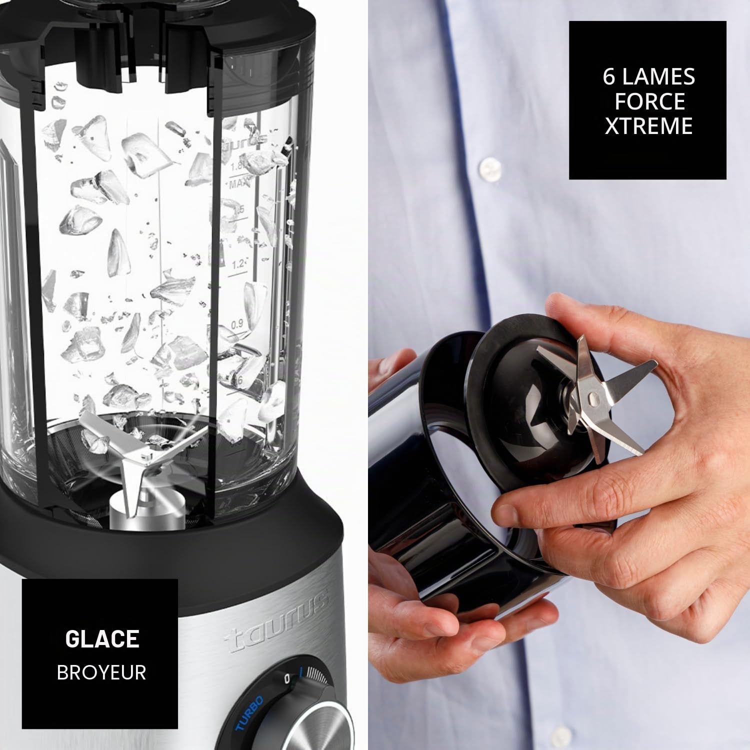 Taurus - Blender Prior Advance 1800W | Bol verre 2L | 4 fonctions tactiles | Couteaux inox 6 lames | Broie glace | Vitesse variable | Lavable lave-vaisselle, Noir, Metallique