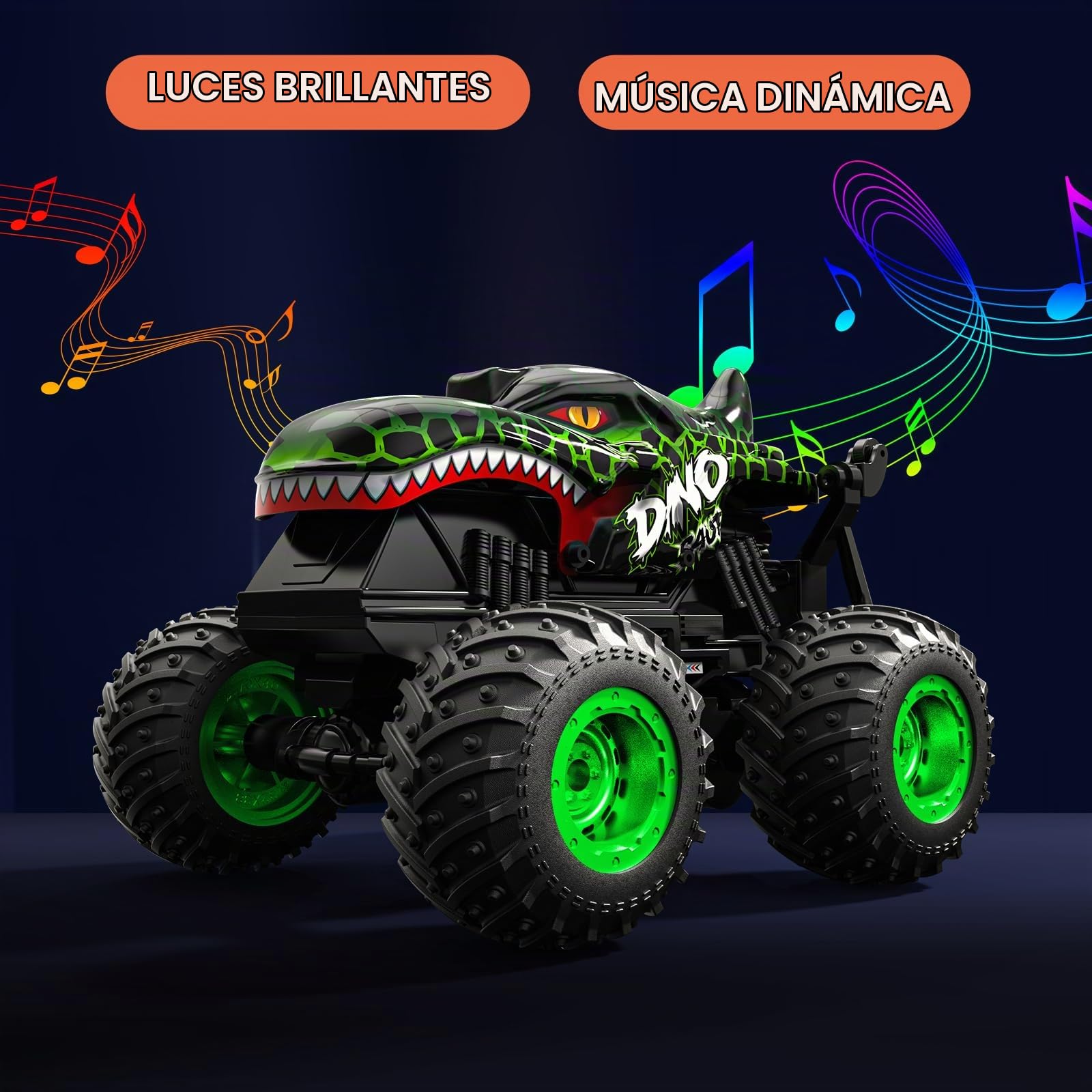 ACAMMZAR Coche Teledirigido, Dinosaurio Monster Truck Radiocontrol, 2.4GHz 20+Km/h RC Stunt Coche, Crawler Camiones con Luz Led y Música,de Juguete para niños de 4 6 8 9 12 años Adulto
