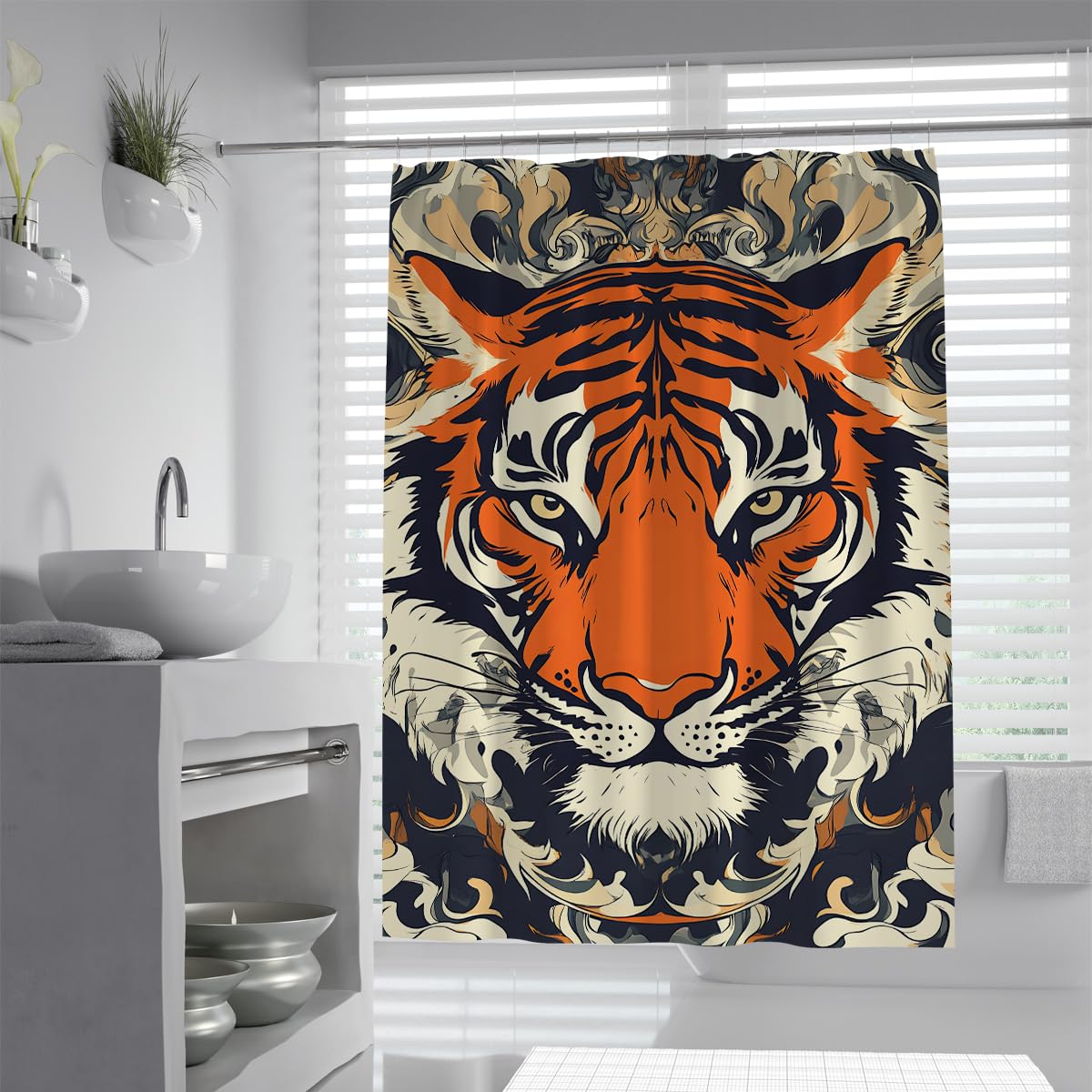 UIRINGART Ornate Tiger Art Shower Curtain W200xL240cm Vintage Wildlife Print Polyester Mould Resistant Quick Drying Easy To Clean Wet Room Bath Curtain with Hooks`