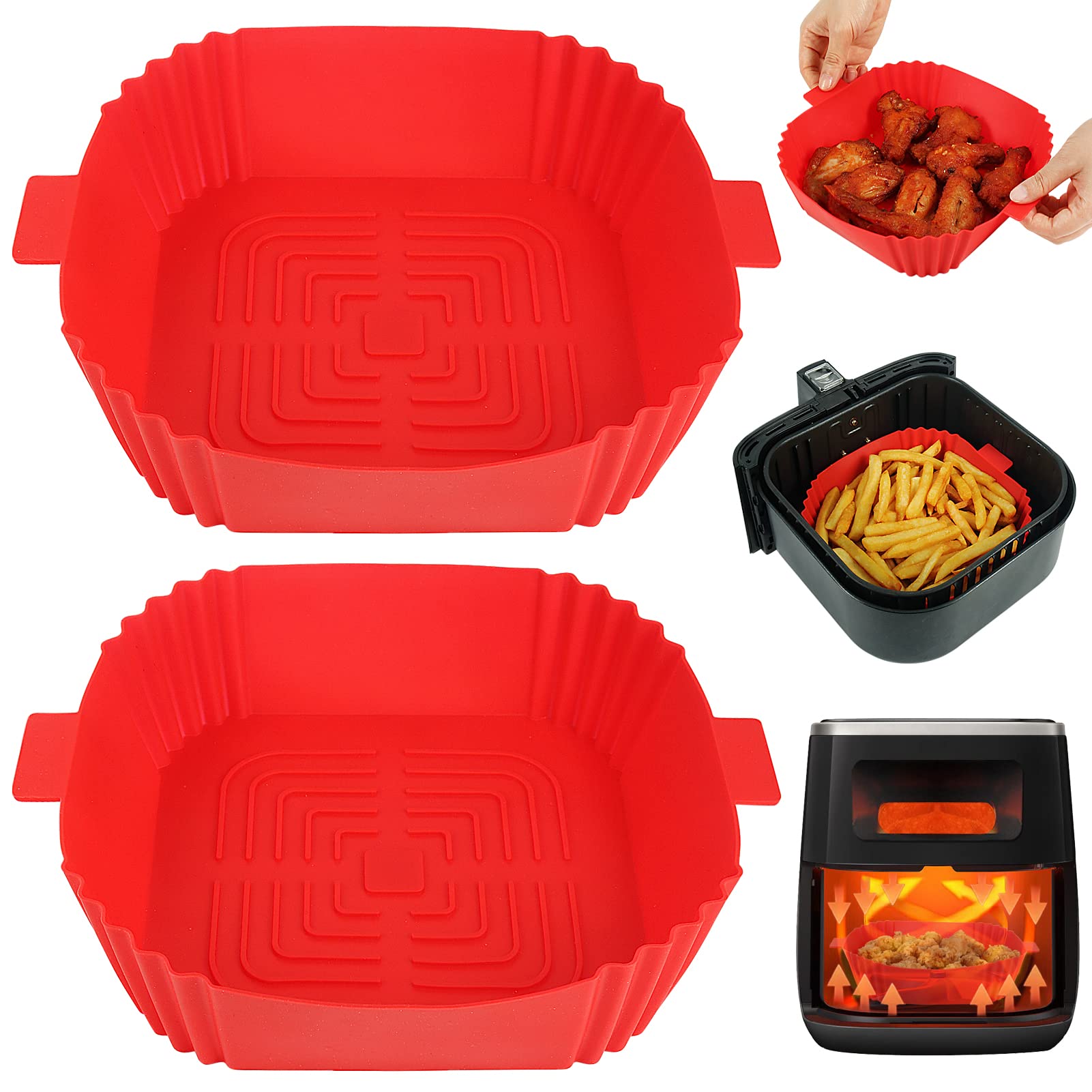 BYKITCHEN Air Fryer Silicone Liner, 2 Pack Air Fryer Silicone Pot Square, Silicone Baking Basket/Tray, Air Fryer Accessories for COSORI, Ninja, Tower, Salter Air Fryer (Red)