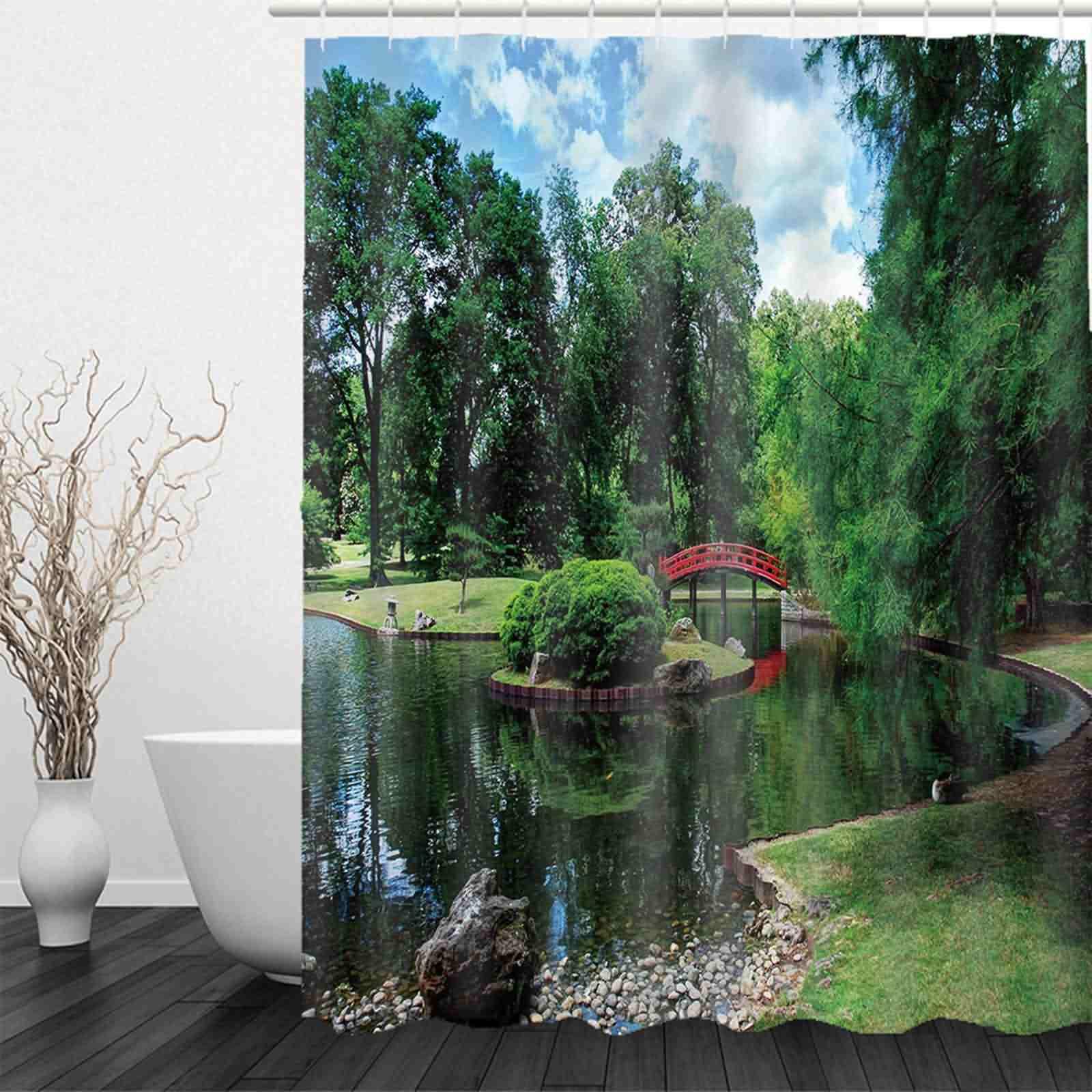 Rideau Douche Long Rideaux Baignoire Parc Lac Arbres Lin Rideaux Salle Bain Vert Imperméable Et Anti-Moisissure, Lavable en Machine 220x180cm