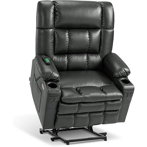 MCombo Dual Motor Power Lift Recliner Chair for Elderly, Lay Flat Lift Chair with Heat and Massage, Oversized Lift Recliner for Big and Tall, Faux Leather R7891 (Grey, Oversized)