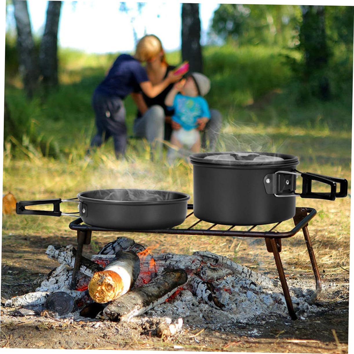 Toyvian Set de Vaisselle en Alliage D'aluminium Noir, Casseroles Antiadhésives Légères et Pratiques Facile à Ranger pour Barbecue et Camping pour 2-3 Personnes pour Voyage et Plein Air