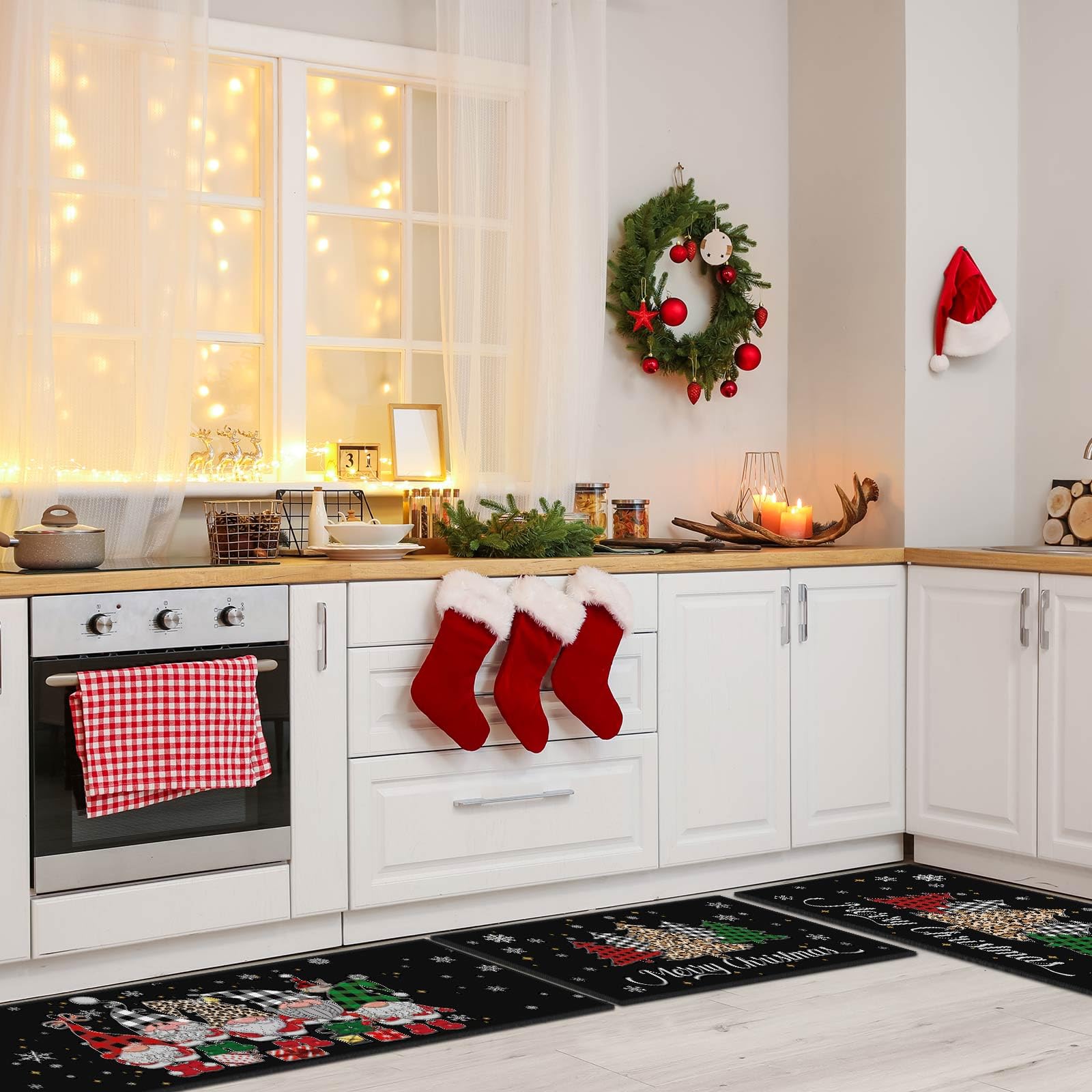 Tinideya Juego de 3 alfombras de cocina de Navidad a cuadros con gnomos de árbol de Navidad, color negro, antideslizantes, gruesas, resistentes a las manchas, decoración rústica de Navidad, alfombra