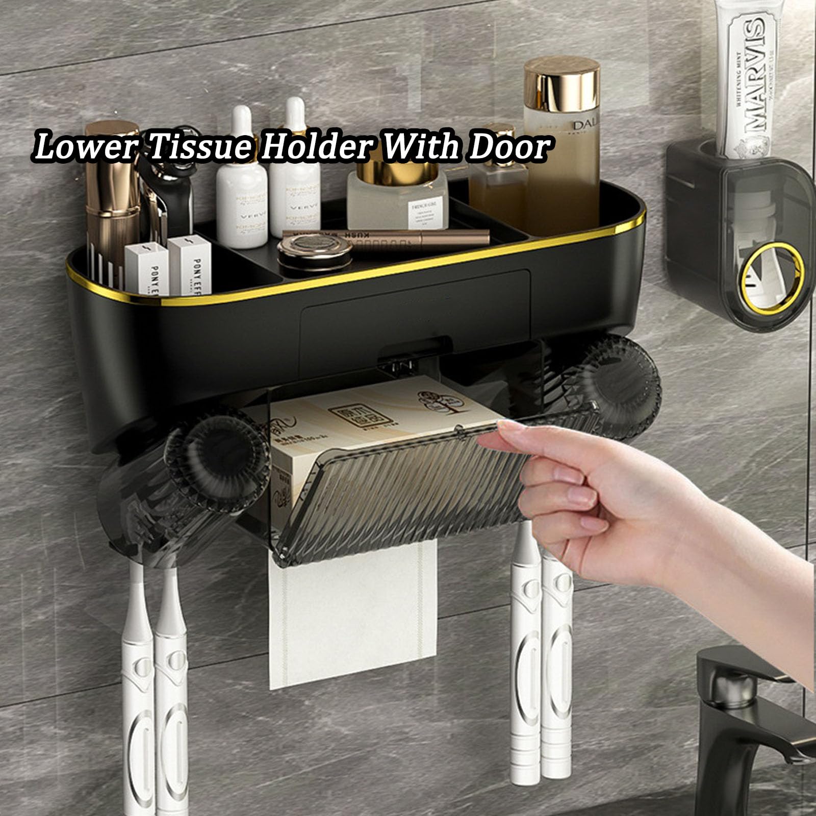 Portaspazzolini da Parete con Distributore di Dentifricio, Set Portaspazzolino Organizer da Bagno con Scatola di Fazzoletti, Adatto per L'installazione su Pareti Piatte-Black