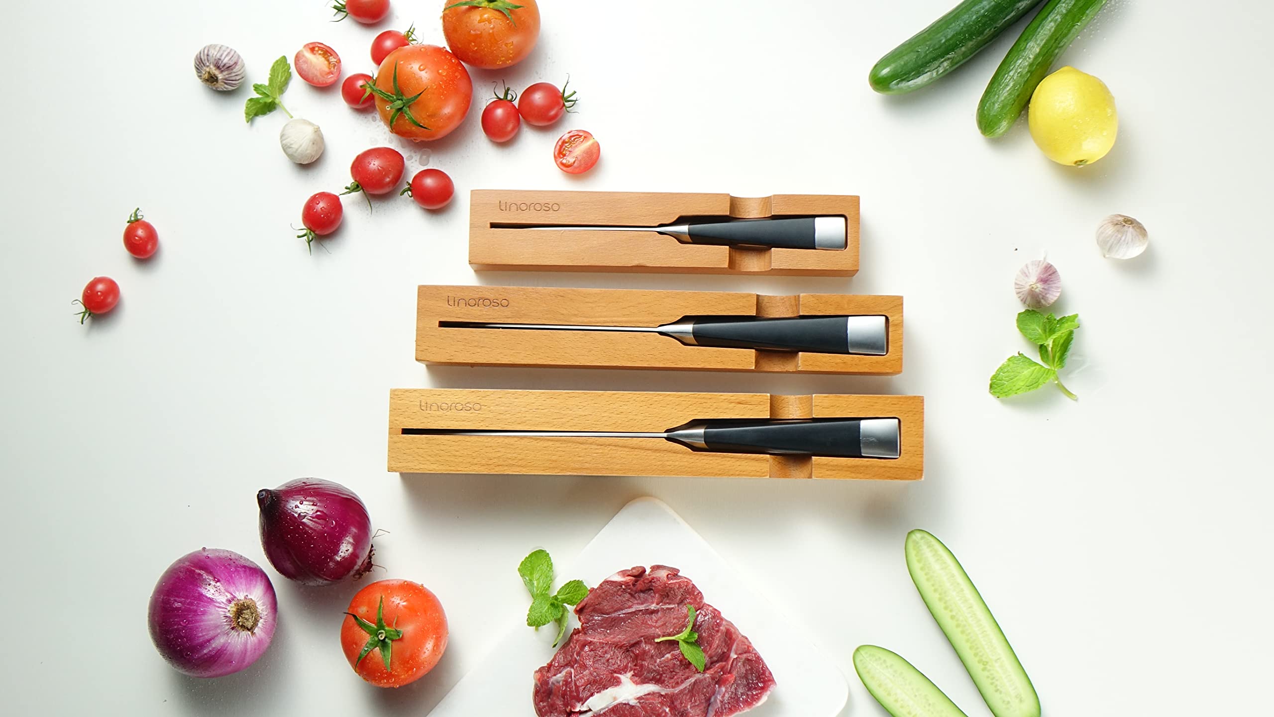 linoroso Chef Knife Kitchen Knife Ultra Sharp Cooking Knife, 7 inch Precision Forged German High-Carbon Stainless Steel Cutting Knife with Exquisite In-Drawer Knife Block- MAKO Series — Amazon image 4