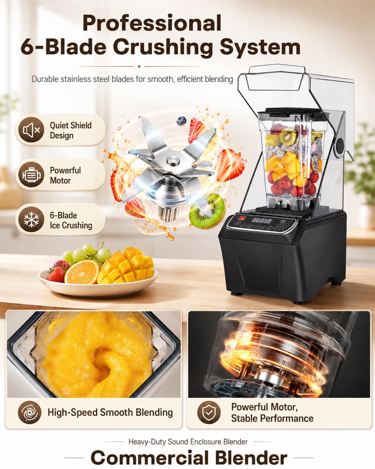 Frullatore Commerciale 2000W, 2L, 38.000 Giri/min, Lame Inox, LED